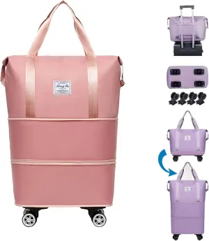 45L Pepepo Travel Bag with Wheels, 2025 New Large Fold Capacity Travel Bag Waterproof Expandable- Universal Wheel Removable for Women Men Airplane Carry on (Pink)
