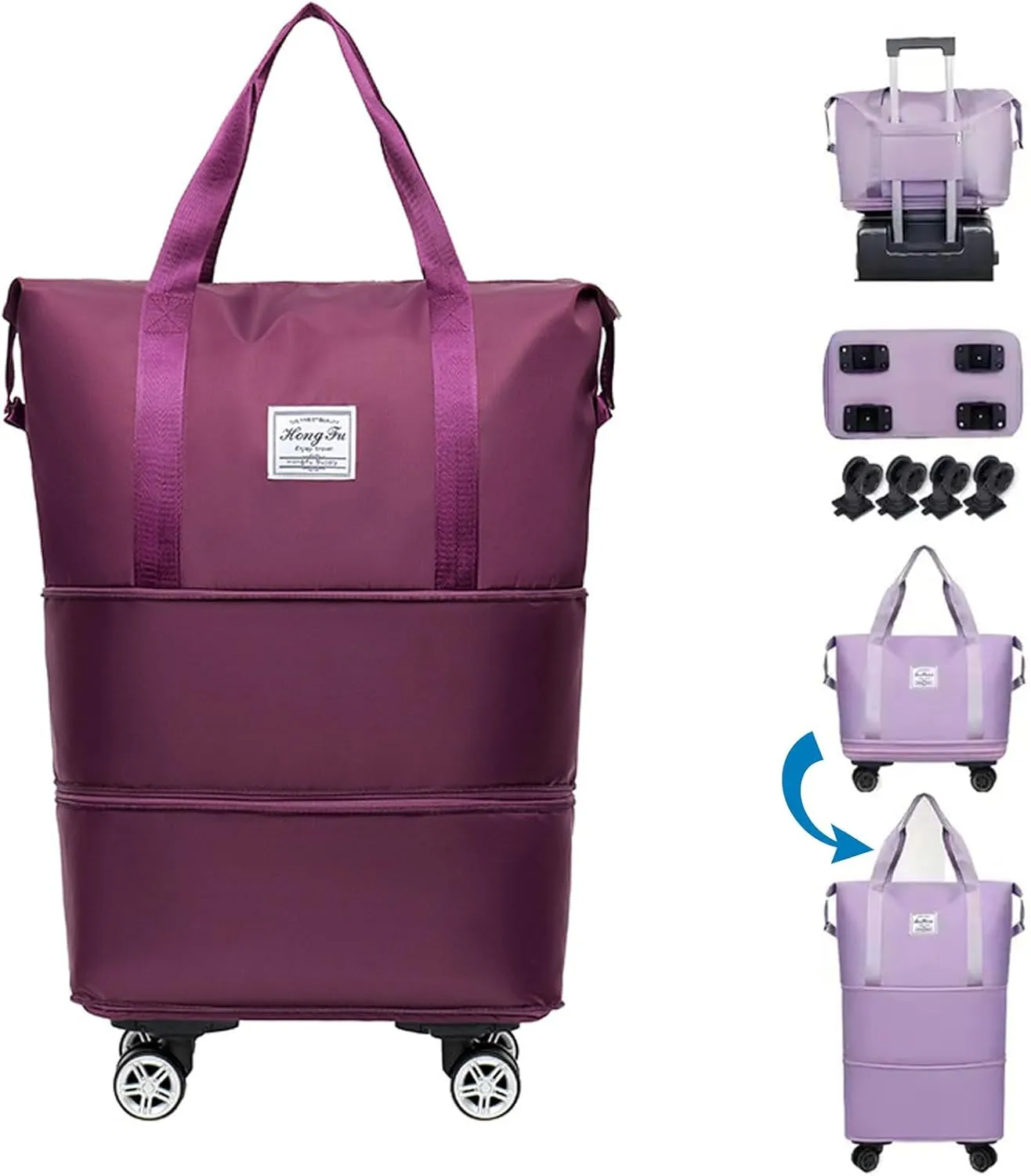 45L Pepepo Travel Bag with Wheels, 2025 New Large Fold Capacity Travel Bag Waterproof Expandable- Universal Wheel Removable for Women Men Airplane Carry on (Purple Red)