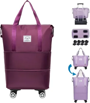 45L Pepepo Travel Bag with Wheels, 2025 New Large Fold Capacity Travel Bag Waterproof Expandable- Universal Wheel Removable for Women Men Airplane Carry on (Purple Red)