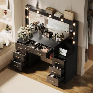 46.1” Vanity Desk with Large HD Lighted Mirror & Power Outlet, Makeup Vanity Desk with Mirror and Lights, Bedroom Makeup Vanity with 8 Drawers & 3-Color Adjustable Lighting for Women Girls Black