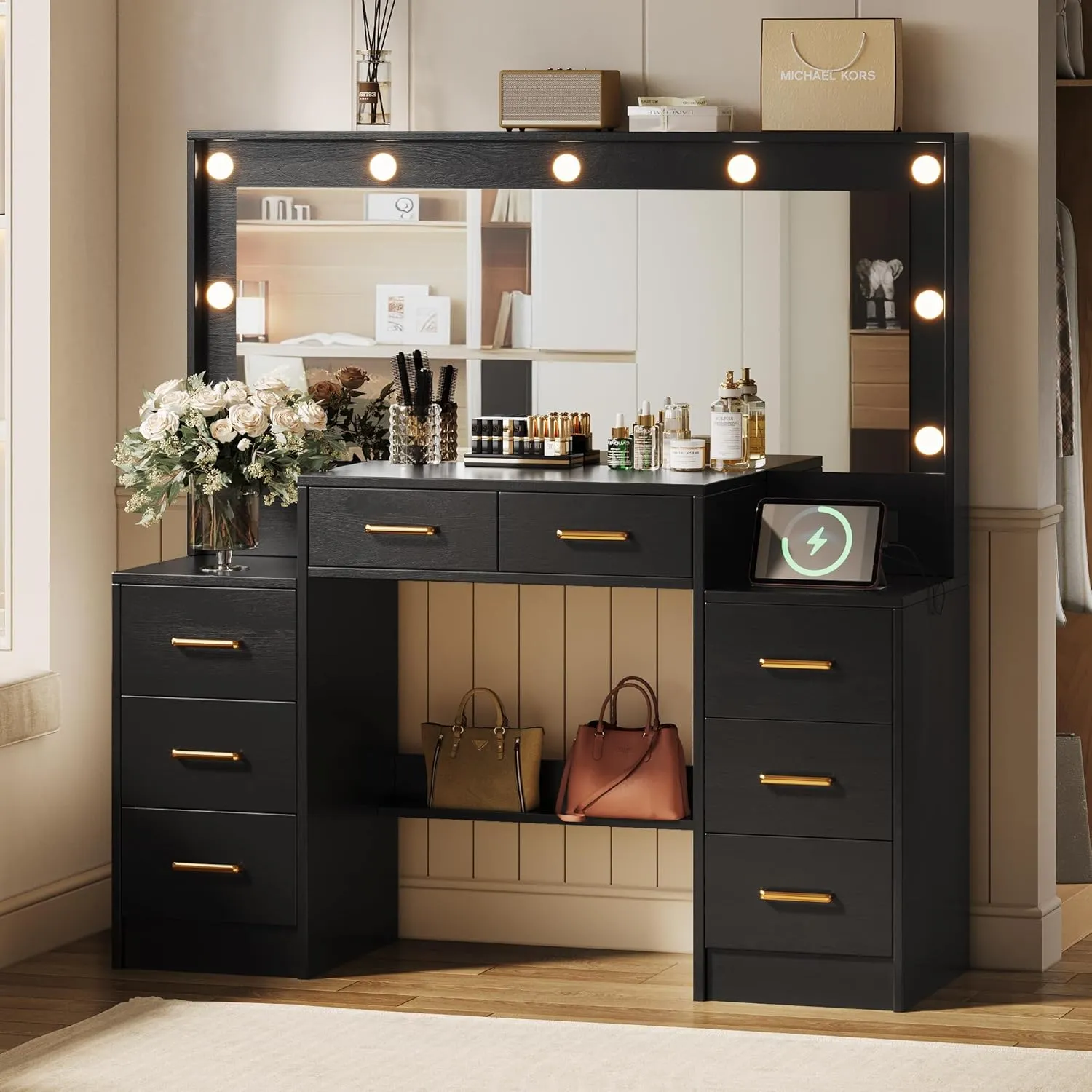 46.1” Vanity Desk with Large HD Lighted Mirror & Power Outlet, Makeup Vanity Desk with Mirror and Lights, Bedroom Makeup Vanity with 8 Drawers & 3-Color Adjustable Lighting for Women Girls Black