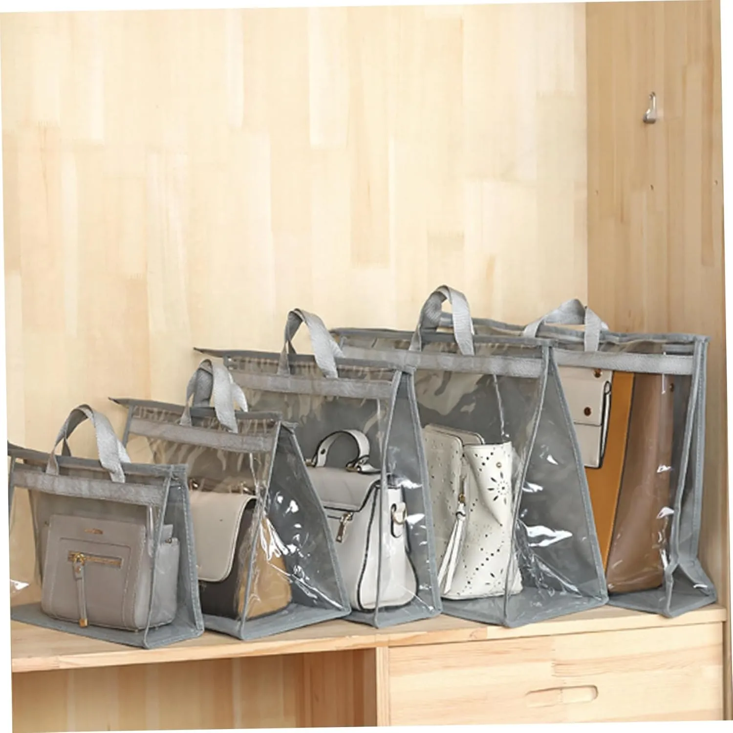 5 Pack Dust Bags for Handbags, 5 Size Clear Handbag Storage Organizer with Zipper & Handle Handbag and Purse Dust Bags for Closet Bedroom, Grey