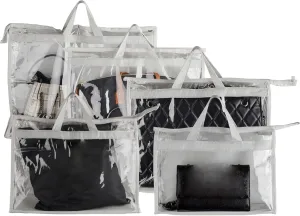 5 Pack Dust Bags for Handbags, 5 Size Clear Handbag Storage Organizer with Zipper & Handle Handbag and Purse Dust Bags for Closet Bedroom, Grey