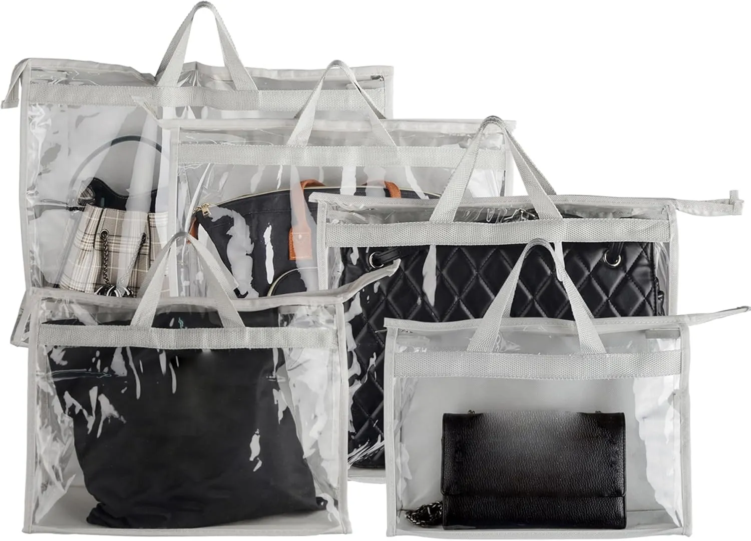 5 Pack Dust Bags for Handbags, 5 Size Clear Handbag Storage Organizer with Zipper & Handle Handbag and Purse Dust Bags for Closet Bedroom, Grey