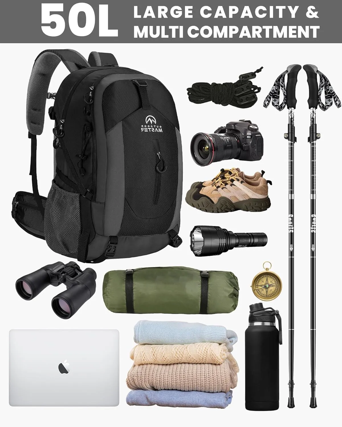 50L Hiking Backpack with High Strength Aluminum Support, Lightweight Travel Daypack with Rain Cover, Waterproof Camping Bag for Men Women -Black