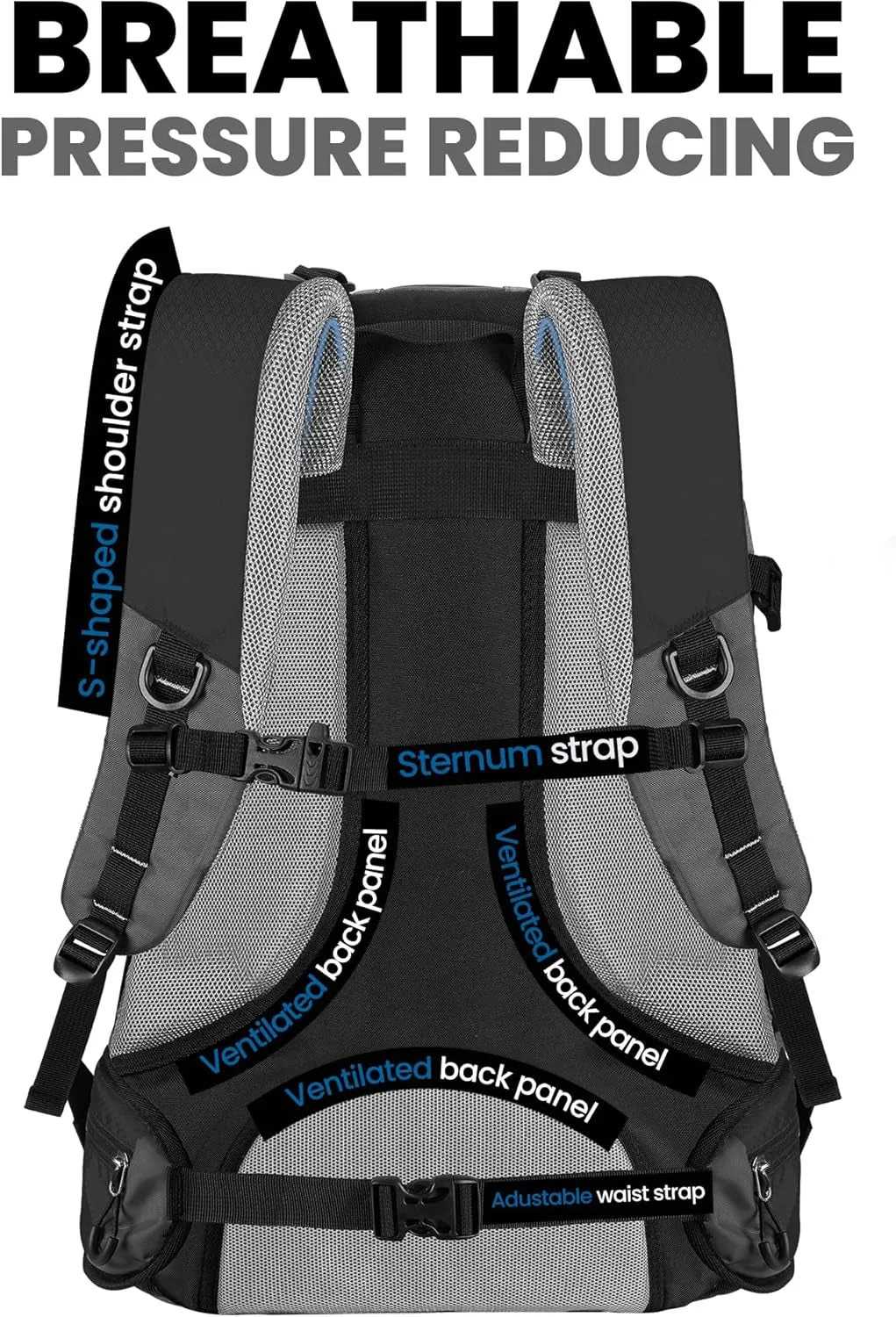 50L Hiking Backpack with High Strength Aluminum Support, Lightweight Travel Daypack with Rain Cover, Waterproof Camping Bag for Men Women -Black