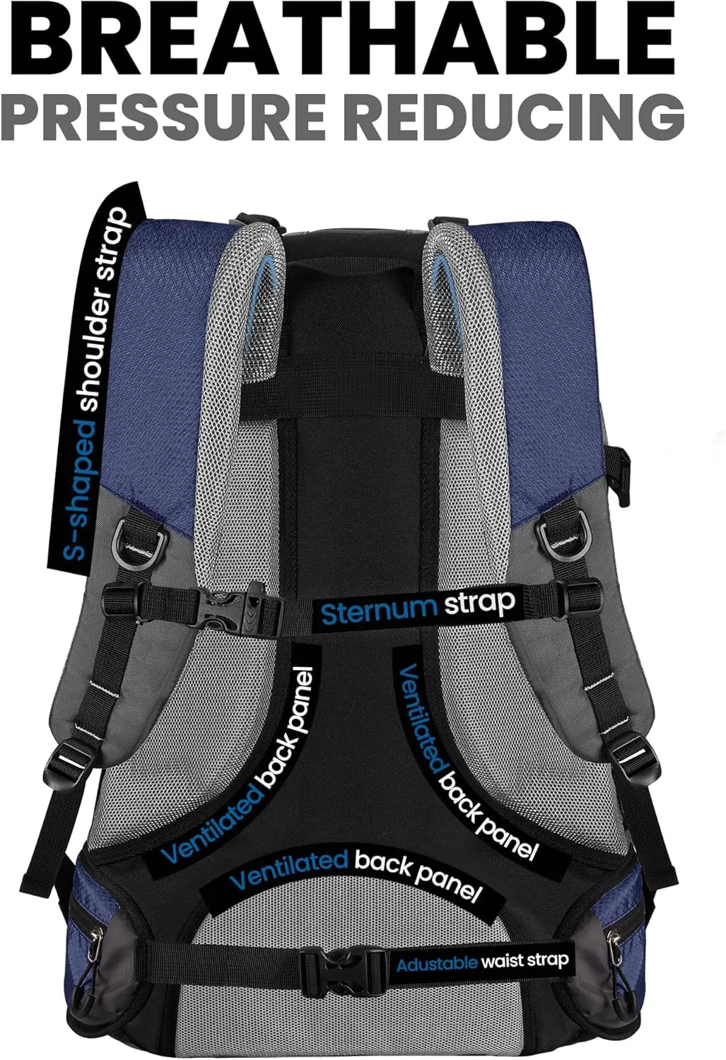 50L Hiking Backpack with High Strength Aluminum Support, Lightweight Travel Daypack with Rain Cover, Waterproof Camping Bag for Men Women -Blue