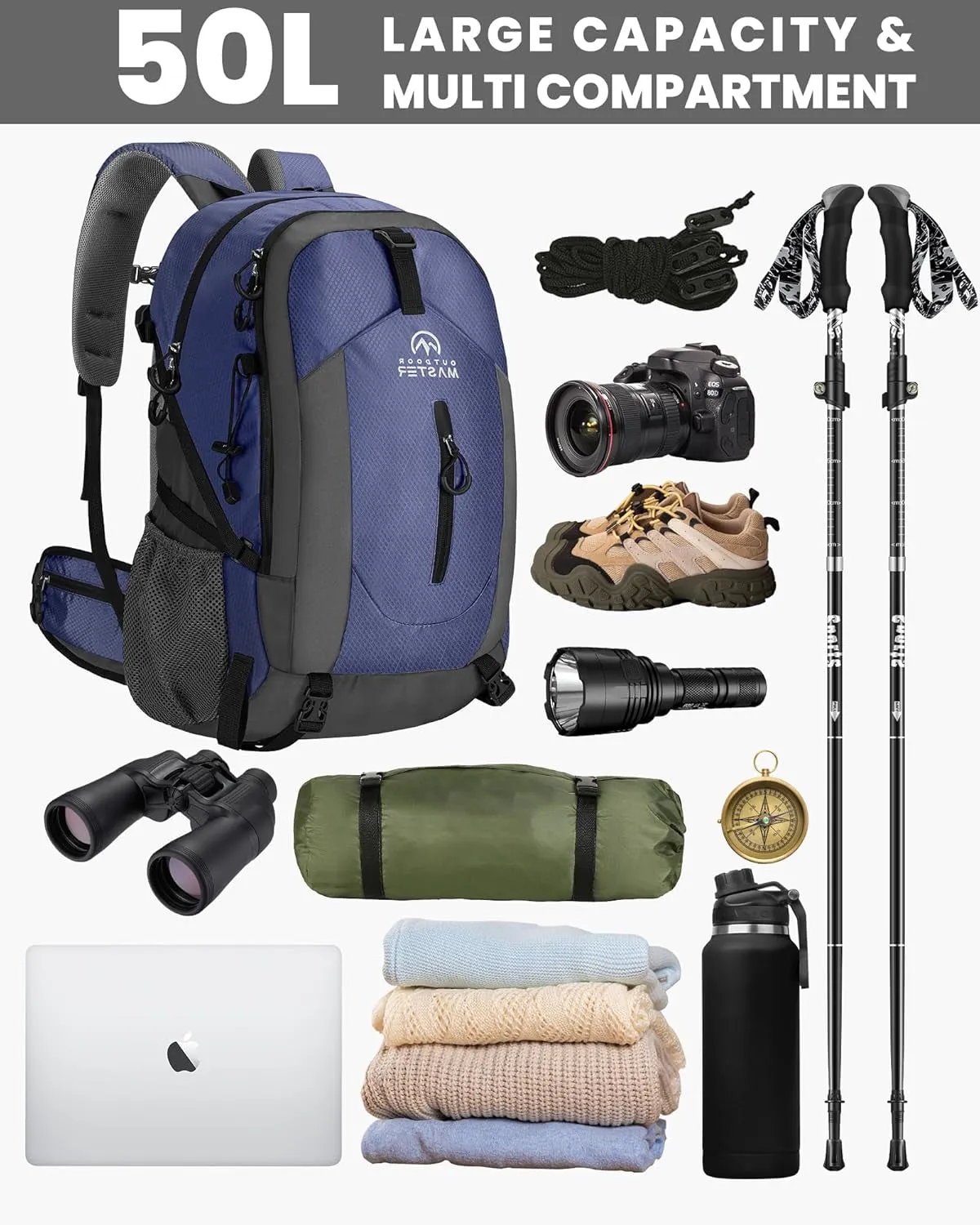 50L Hiking Backpack with High Strength Aluminum Support, Lightweight Travel Daypack with Rain Cover, Waterproof Camping Bag for Men Women -Blue