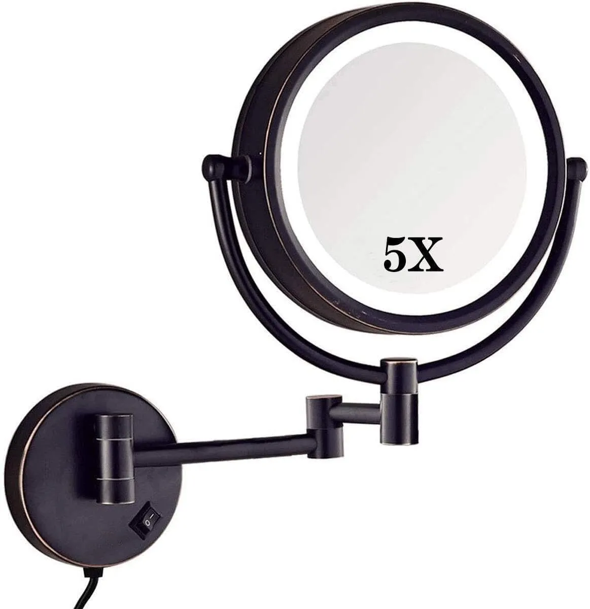5X Wall Mounted Makeup Mirror with LED Light, 360° Rotation, 8.5" Bronze/Nickel Finish