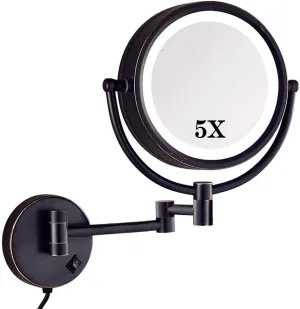 5X Wall Mounted Makeup Mirror with LED Light, 360° Rotation, 8.5" Bronze/Nickel Finish