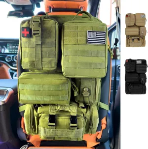 6 Pack Tactical MOLLE Car Seat Back Organizer - Universal Vehicle Storage Bag with 5 Detachable MOLLE Pouches, US Flag Patch & Keychain, Fits Jeep, Truck, SUV, Car, Ford, Chevy, Toyota, Honda (Grenn)