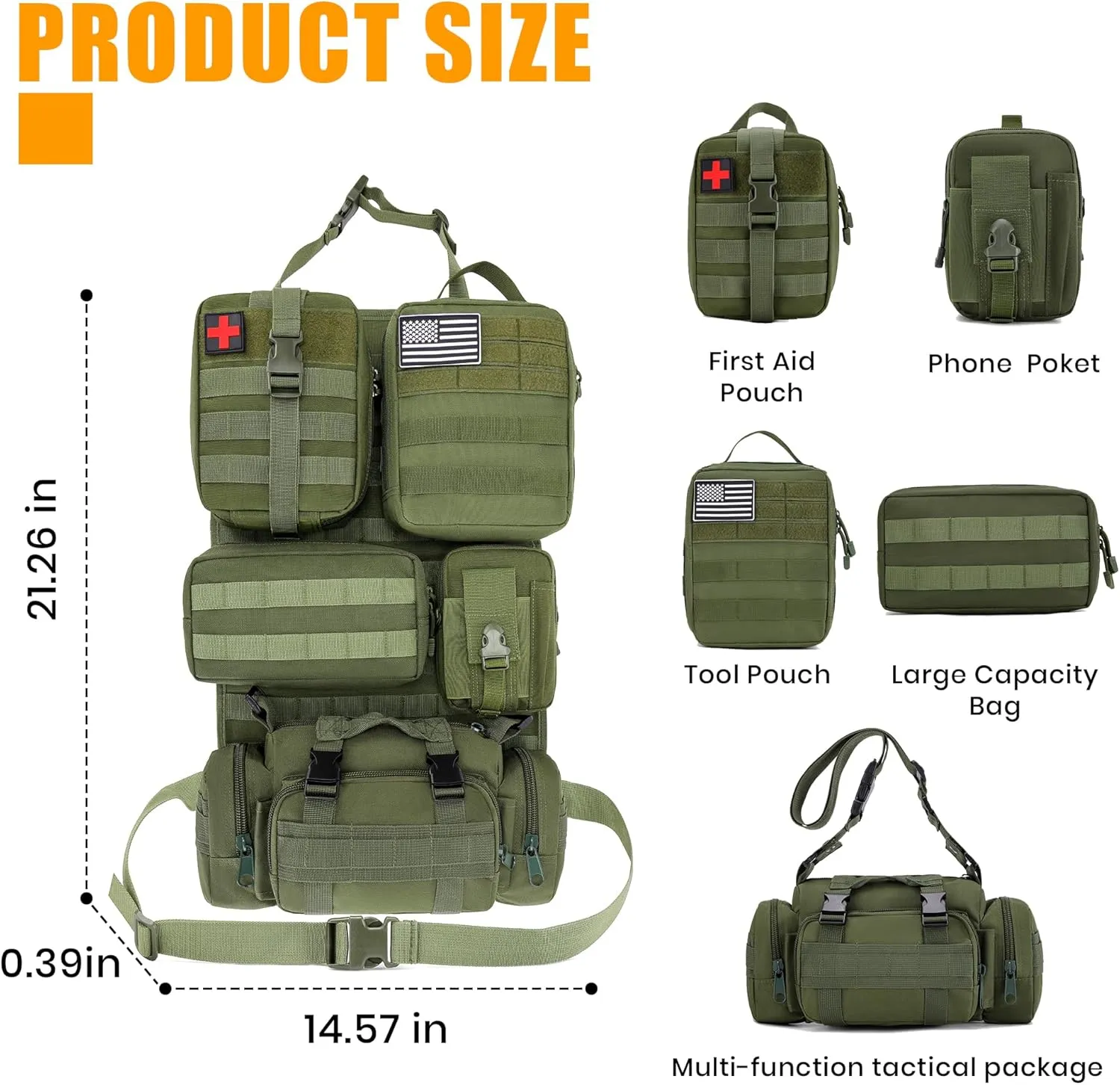 6 Pack Tactical MOLLE Car Seat Back Organizer - Universal Vehicle Storage Bag with 5 Detachable MOLLE Pouches, US Flag Patch & Keychain, Fits Jeep, Truck, SUV, Car, Ford, Chevy, Toyota, Honda (Grenn)