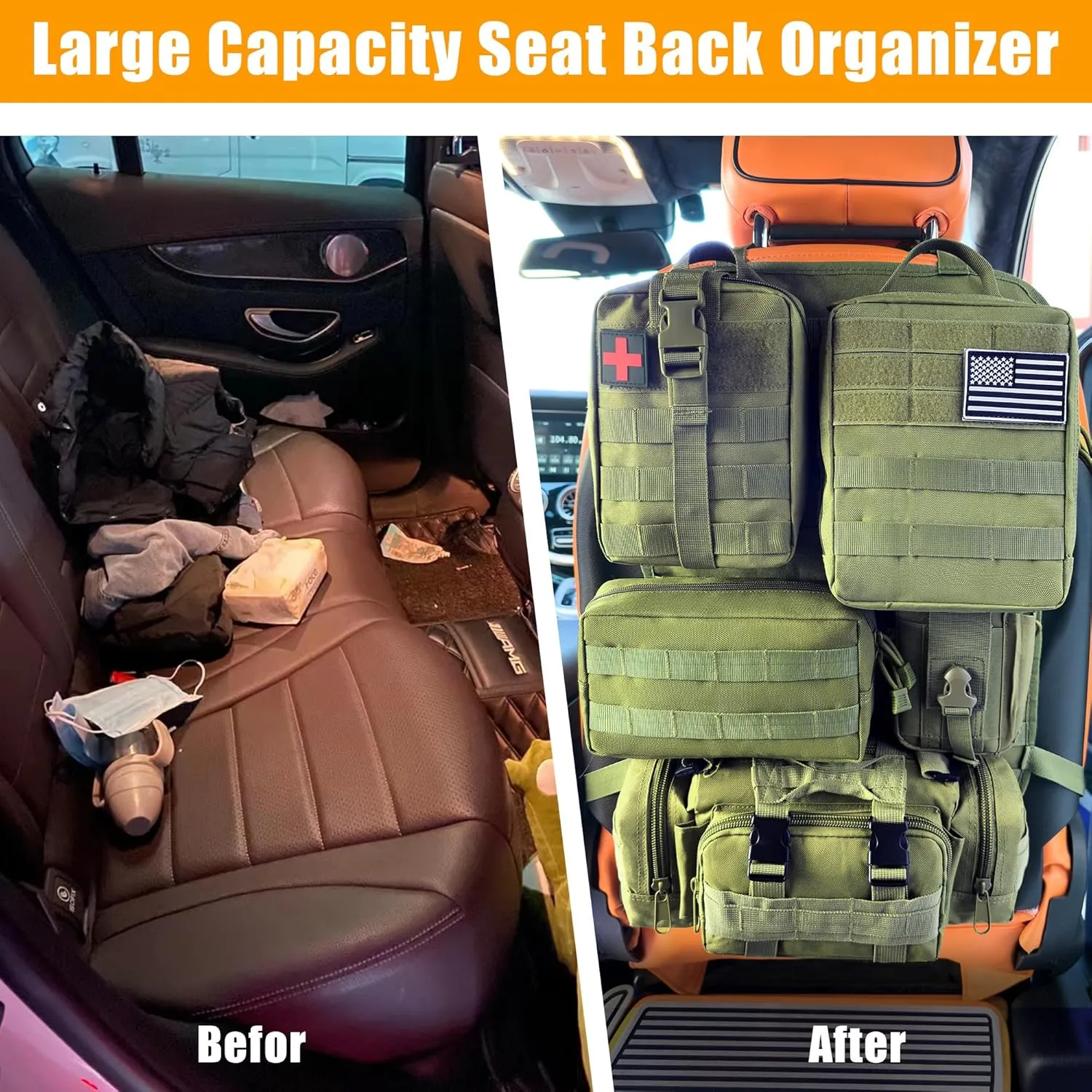 6 Pack Tactical MOLLE Car Seat Back Organizer - Universal Vehicle Storage Bag with 5 Detachable MOLLE Pouches, US Flag Patch & Keychain, Fits Jeep, Truck, SUV, Car, Ford, Chevy, Toyota, Honda (Grenn)