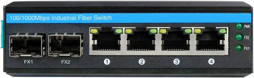 6-Port Hardened Industrial Gigabit PoE  DIN-Rail Fiber Network Switch 4 x Gigabit PoE  Ports 2 x 1.25G SFP Fiber Ports 120W for Outdoor Use