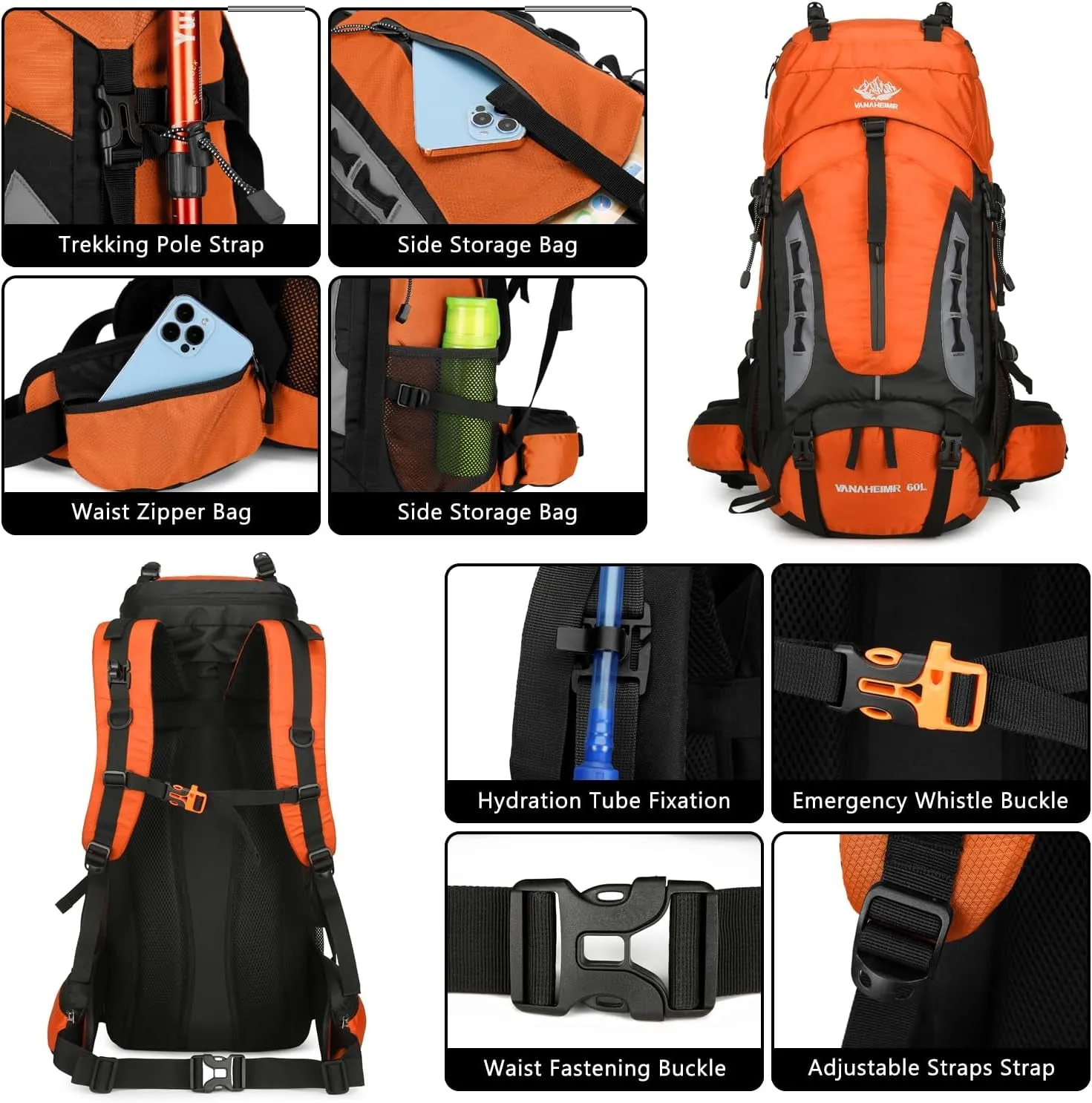 60L Hiking Backpack Men Camping Backpack with Rain Cover Lightweight Backpacking Backpack Travel Backpack (Orange)