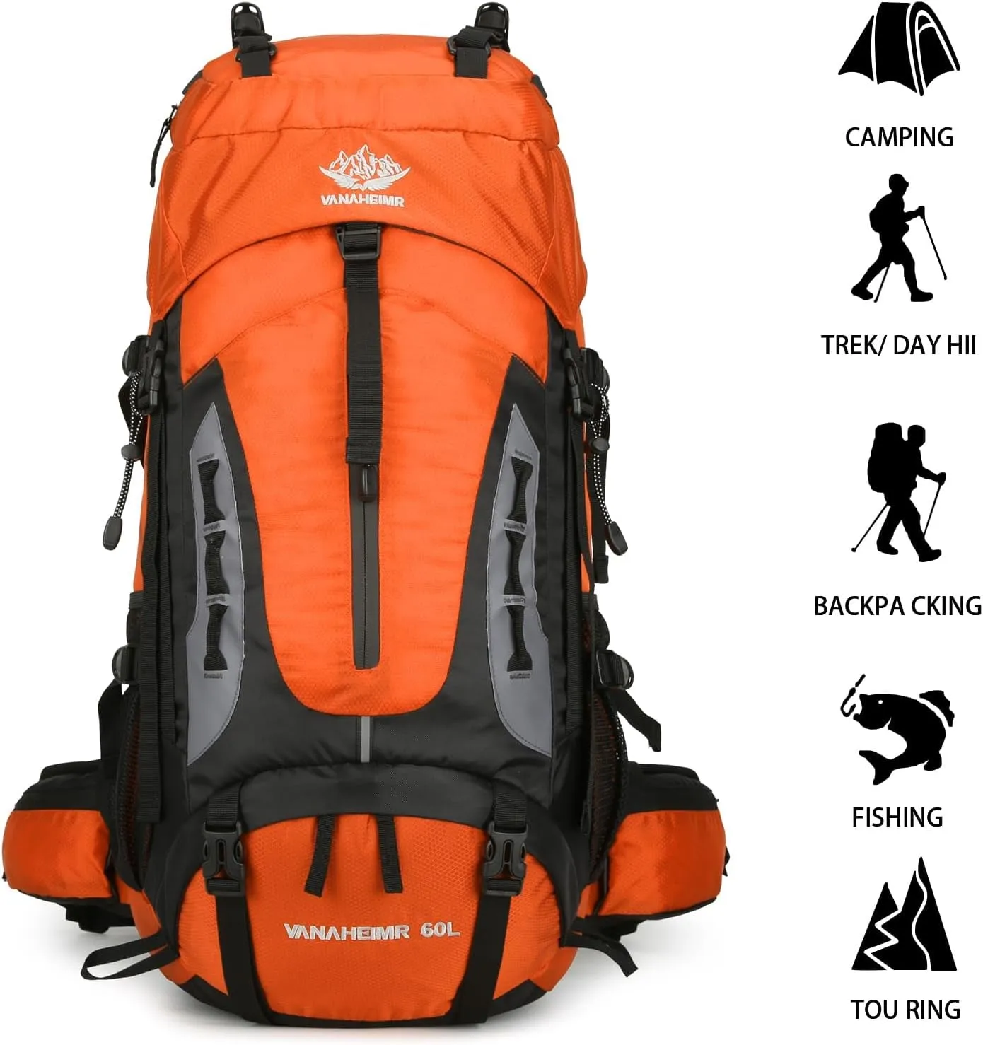 60L Hiking Backpack Men Camping Backpack with Rain Cover Lightweight Backpacking Backpack Travel Backpack (Orange)
