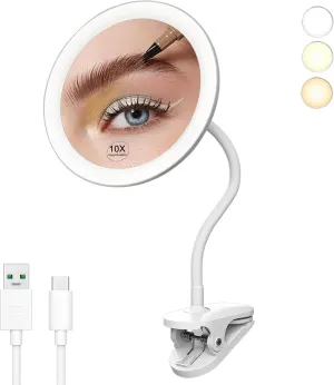 6.5" Clip on Vanity Makeup Mirror with Light, gooseneck Travel 5X Magnifying Mirror,USB Recharge (White 5X)