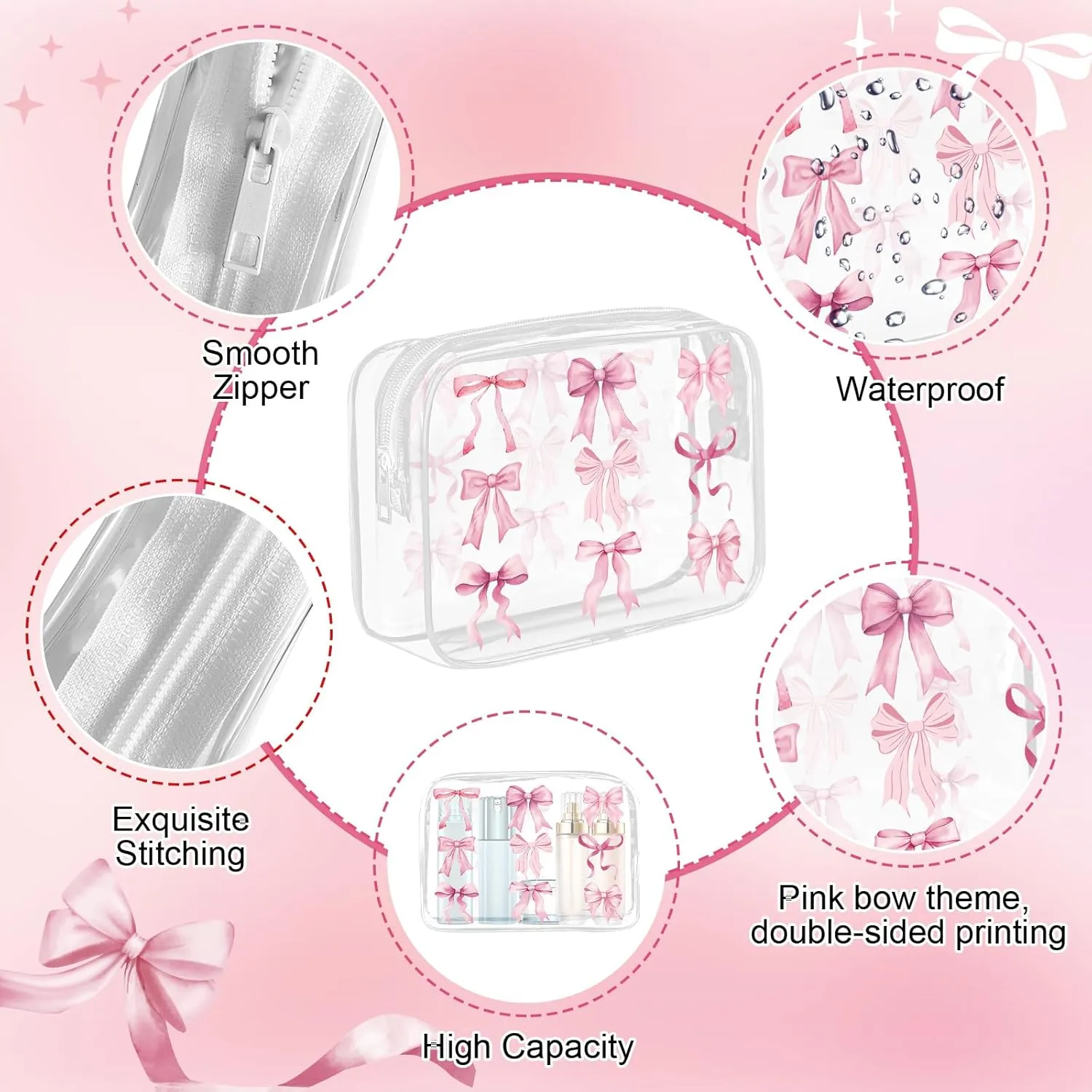 6Pcs Pink Bow Clear Makeup Bag PVC Coquette Cosmetic Bags Transparent Plastic Pouch with Zipper Waterproof Travel Toiletry Bags Pink Trendy Pouch Bag Gift for Birthday Party Favor Mother Nurse Girls