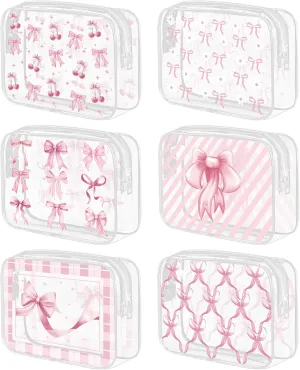 6Pcs Pink Bow Clear Makeup Bag PVC Coquette Cosmetic Bags Transparent Plastic Pouch with Zipper Waterproof Travel Toiletry Bags Pink Trendy Pouch Bag Gift for Birthday Party Favor Mother Nurse Girls