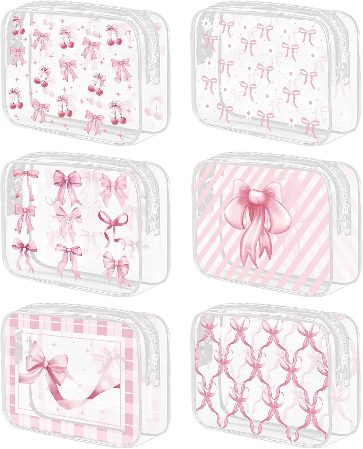 6Pcs Pink Bow Clear Makeup Bag PVC Coquette Cosmetic Bags Transparent Plastic Pouch with Zipper Waterproof Travel Toiletry Bags Pink Trendy Pouch Bag Gift for Birthday Party Favor Mother Nurse Girls