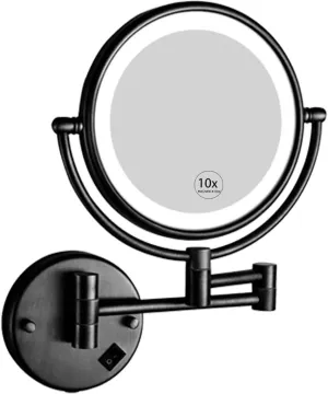 8-Inch Wall Mounted Makeup Mirror, 1X/10X Magnification Double-Sided LED Lighted Vanity Mirror, Extendable & Swivel