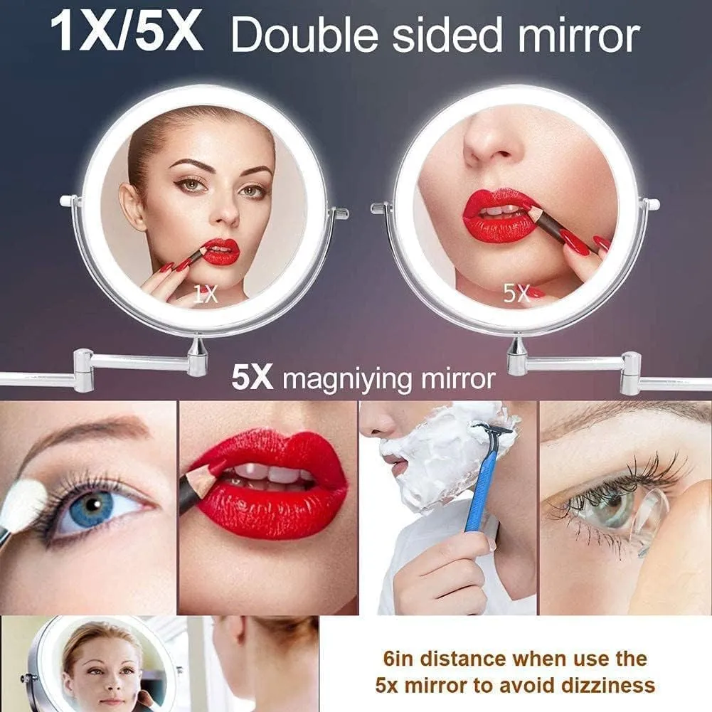 8 inch Wall Mounted Makeup Mirror, LED Touch Screen Adjustable with 3 Color Lights Double Sided 1X/5X Magnifying Vanity Mirror, Swivel Extendable(Silvery,Charging 5X)