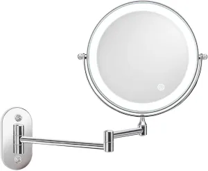 8 inch Wall Mounted Makeup Mirror, LED Touch Screen Adjustable with 3 Color Lights Double Sided 1X/5X Magnifying Vanity Mirror, Swivel Extendable(Silvery,Charging 5X)