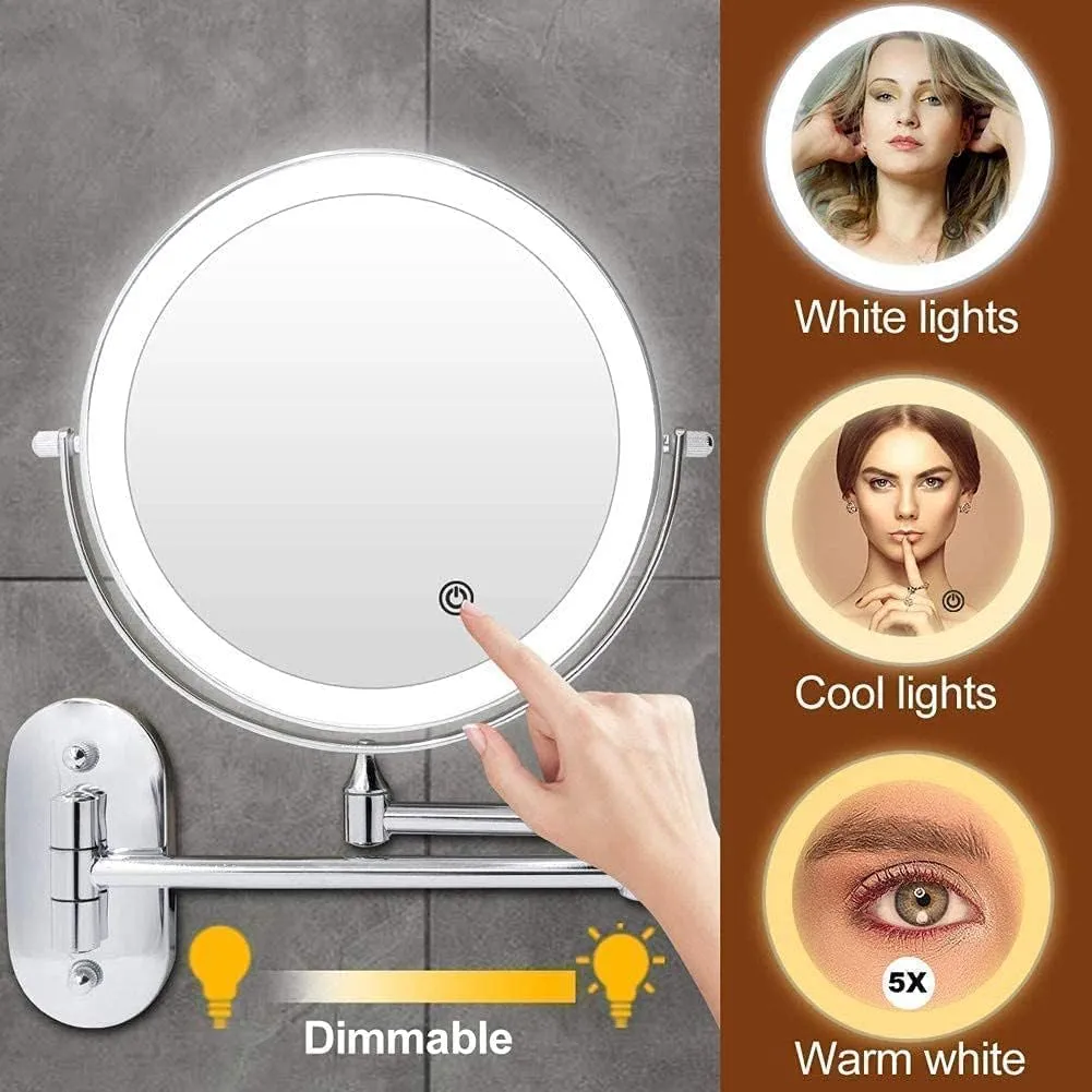 8 inch Wall Mounted Makeup Mirror, LED Touch Screen Adjustable with 3 Color Lights Double Sided 1X/5X Magnifying Vanity Mirror, Swivel Extendable(Silvery,Charging 5X)