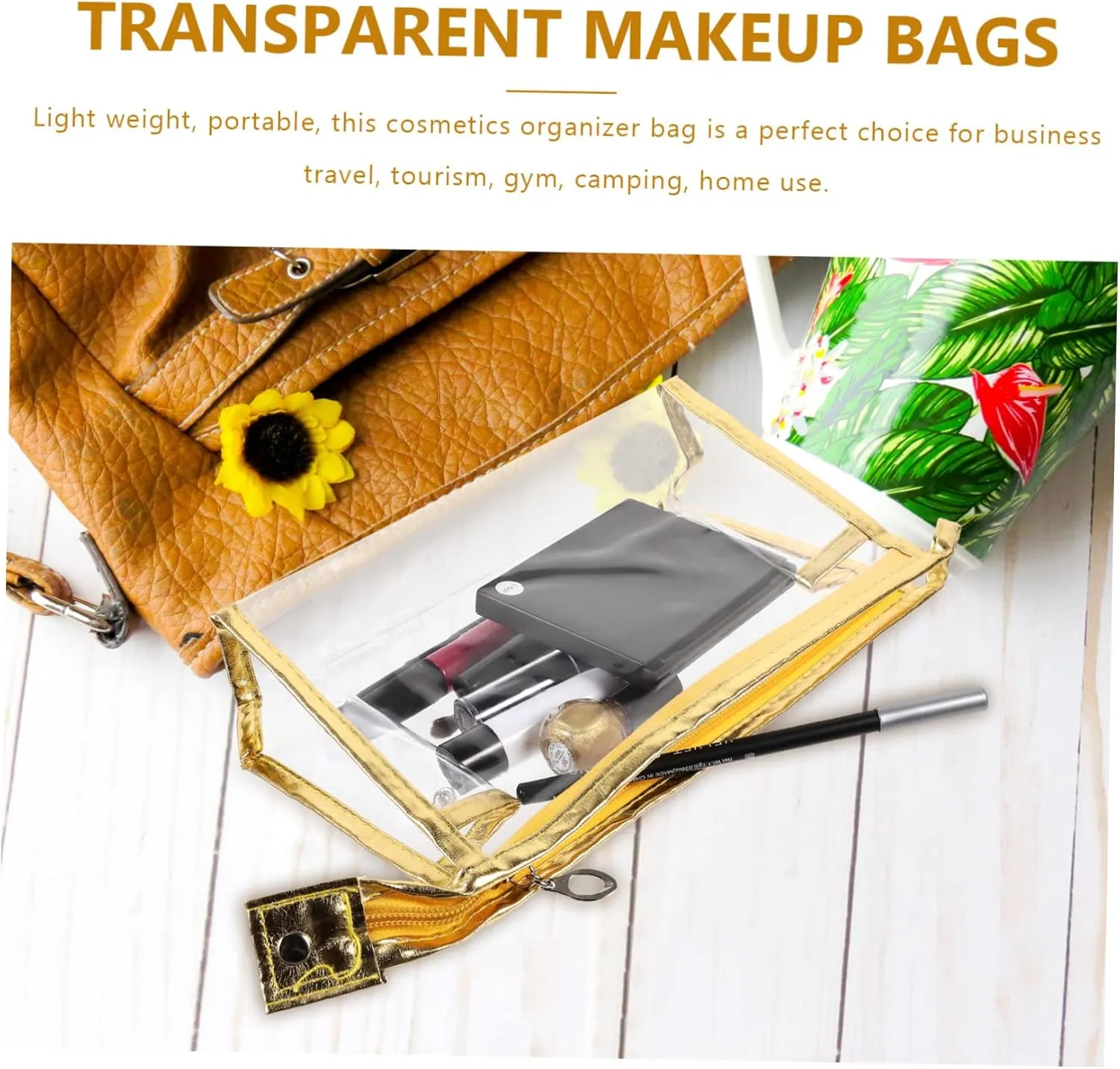 8 Pcs Transparent Toolkit Clear Travel Makeup Bag Transparent Cosmetic Bag Cosmetic Bag for Travel, Golden, 22.5x7x14.5cm