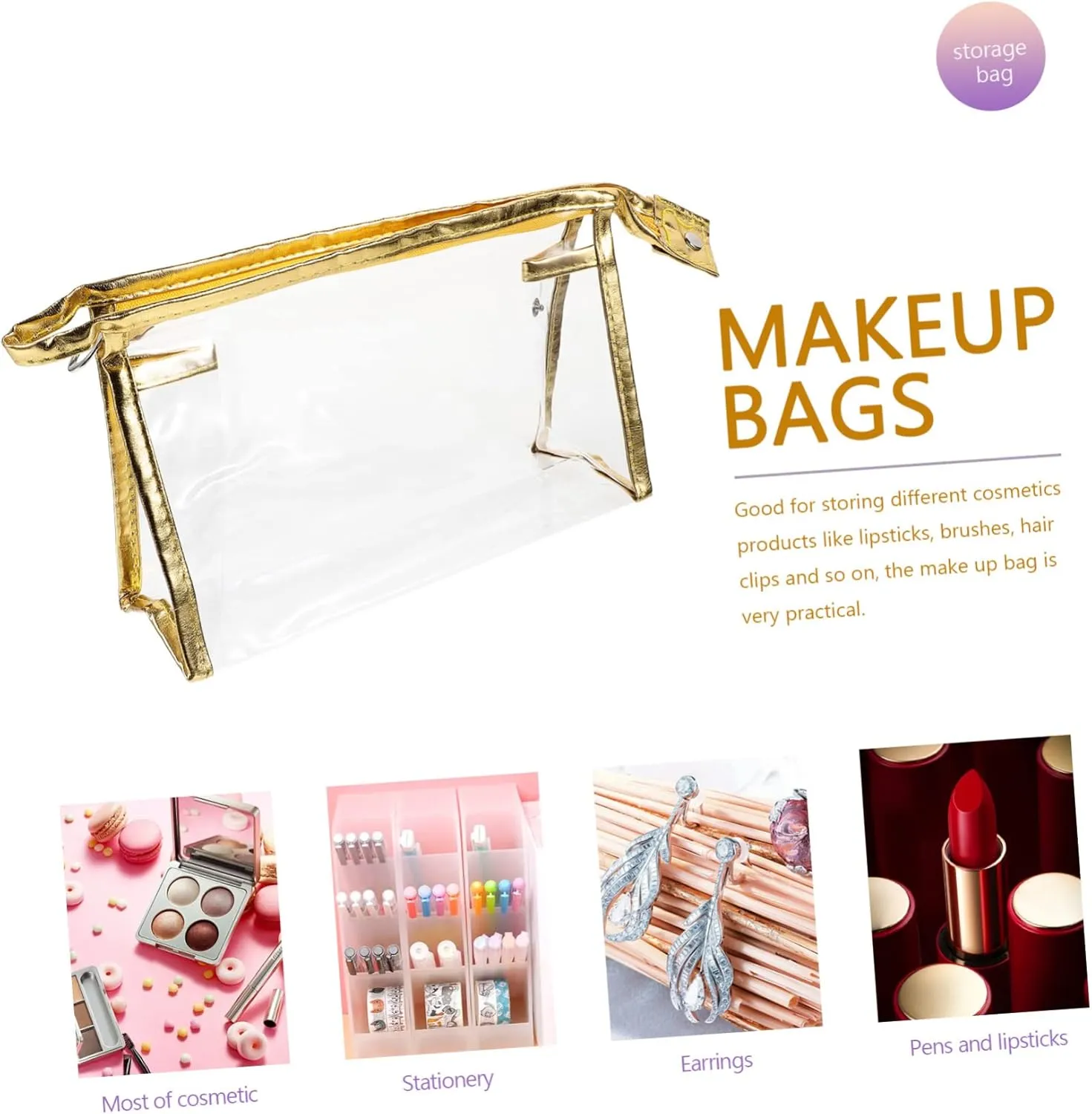 8 Pcs Transparent Toolkit Clear Travel Makeup Bag Transparent Cosmetic Bag Cosmetic Bag for Travel, Golden, 22.5x7x14.5cm