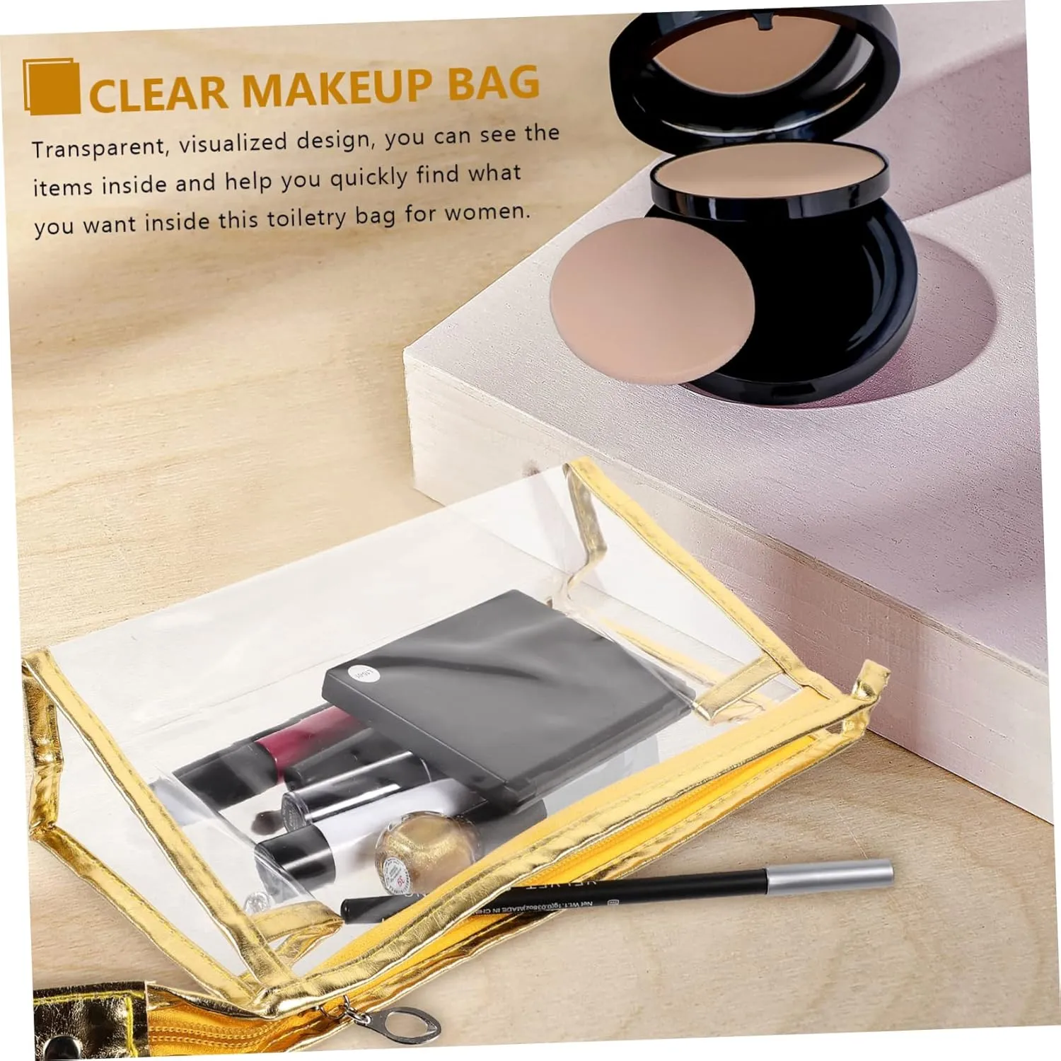 8 Pcs Transparent Toolkit Clear Travel Makeup Bag Transparent Cosmetic Bag Cosmetic Bag for Travel, Golden, 22.5x7x14.5cm