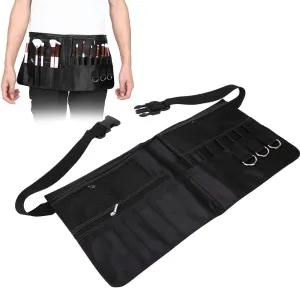 8 Slots Makeup Brush Bag, Waist Belt Cosmetic Organizer with 2 Layers Zipper, Satin Material, for Mascara, Lip Gloss & More Makeup Storage, 9.3x9.3in Folding Size with Unfolding
