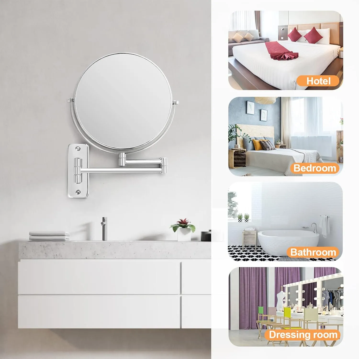 8” Wall Mounted Makeup Mirror - 1X/10X Double Sided Magnifying Bathroom Mirror, 360° Swivel Extendable Vanity Shaving Mirror with Adjustable Arm for Bathroom, Chrome（No Light）