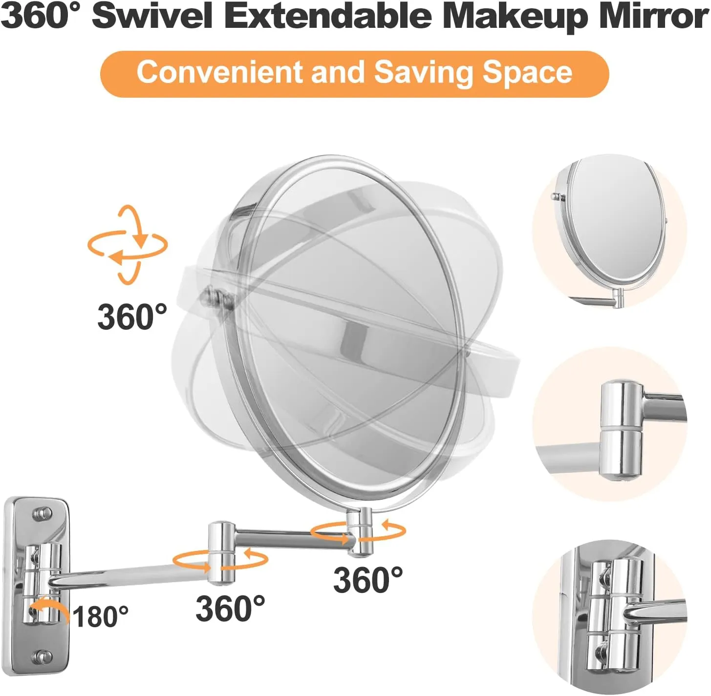 8” Wall Mounted Makeup Mirror - 1X/10X Double Sided Magnifying Bathroom Mirror, 360° Swivel Extendable Vanity Shaving Mirror with Adjustable Arm for Bathroom, Chrome（No Light）