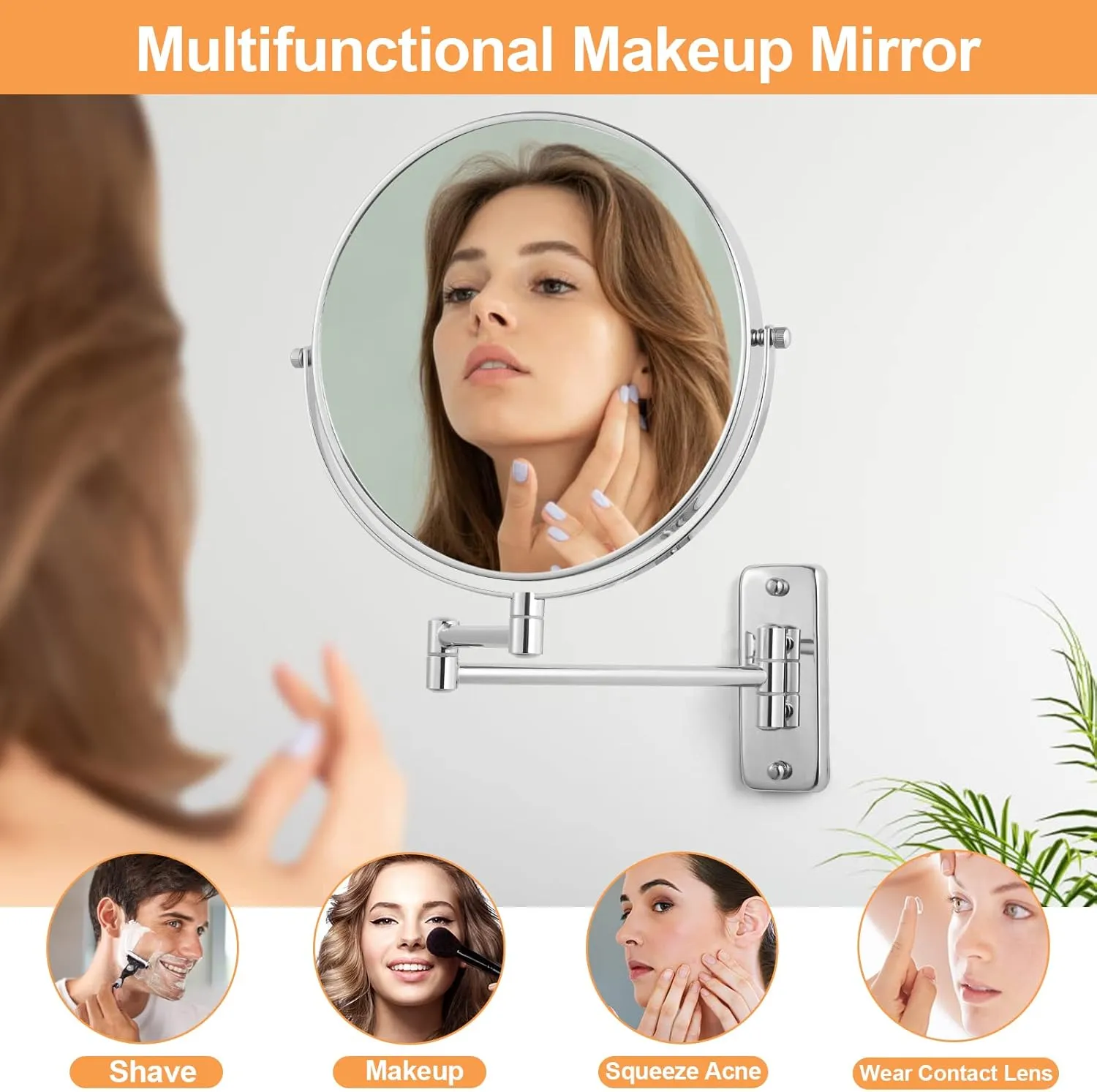 8” Wall Mounted Makeup Mirror - 1X/10X Double Sided Magnifying Bathroom Mirror, 360° Swivel Extendable Vanity Shaving Mirror with Adjustable Arm for Bathroom, Chrome（No Light）