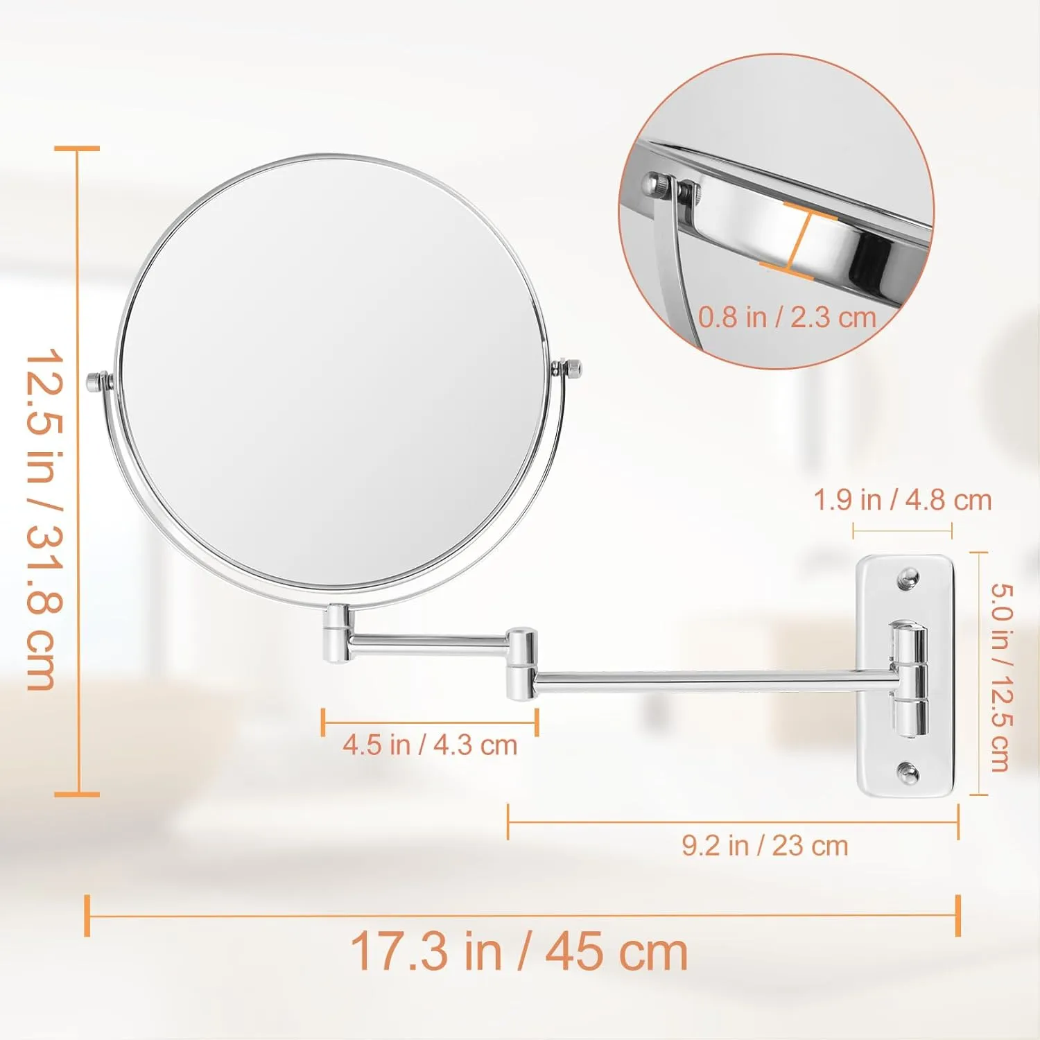 8” Wall Mounted Makeup Mirror - 1X/10X Double Sided Magnifying Bathroom Mirror, 360° Swivel Extendable Vanity Shaving Mirror with Adjustable Arm for Bathroom, Chrome（No Light）