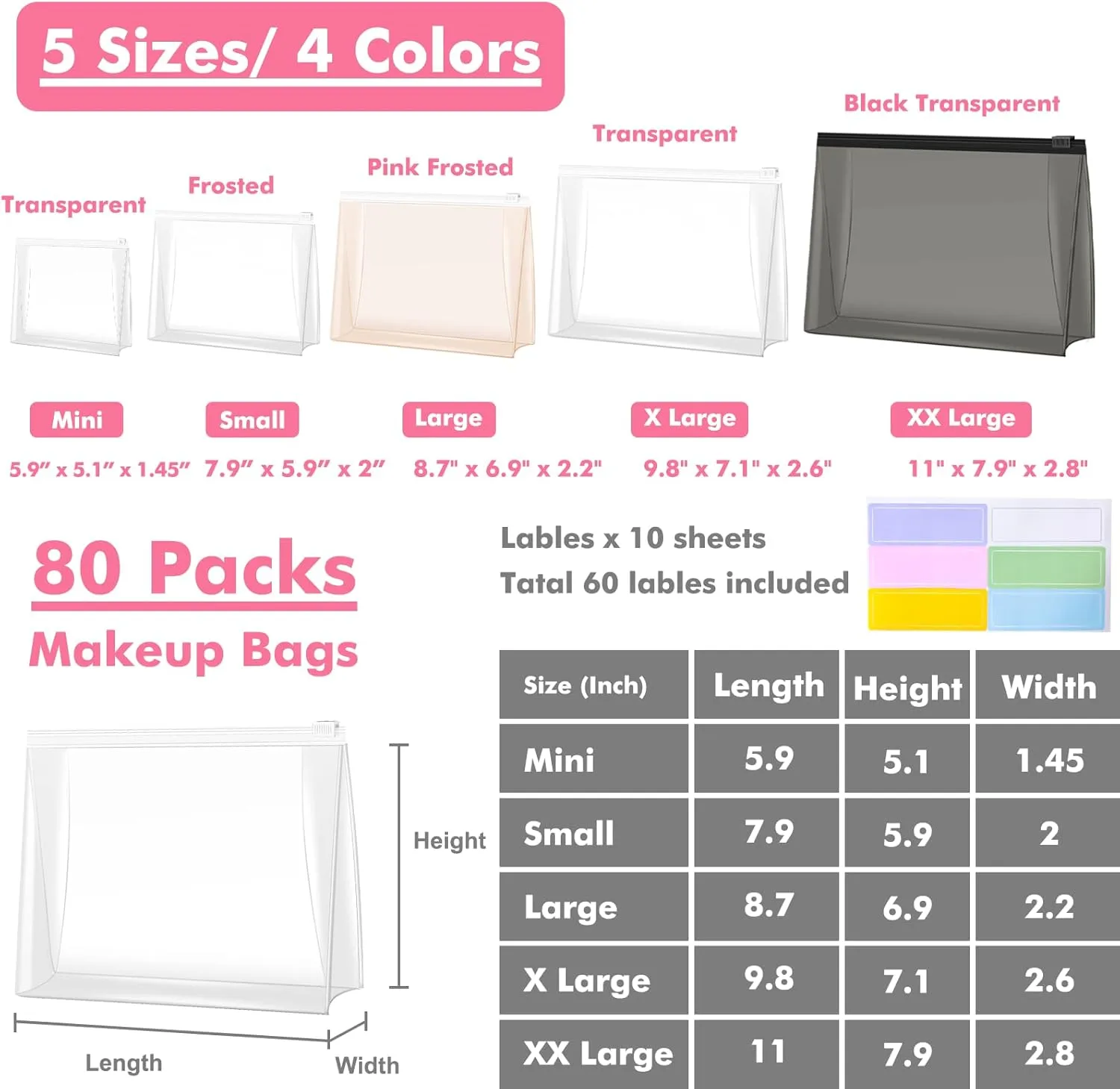 80 Pack Mini Clear Makeup Bag Organizer Cosmetic Zipper Pouch Small Travel Pouches for Toiletries Transparent EVA Reusable Wash Bags Waterproof Plastic Clear Gift Bags Bulk, 7.9” x 5.9” x 2”