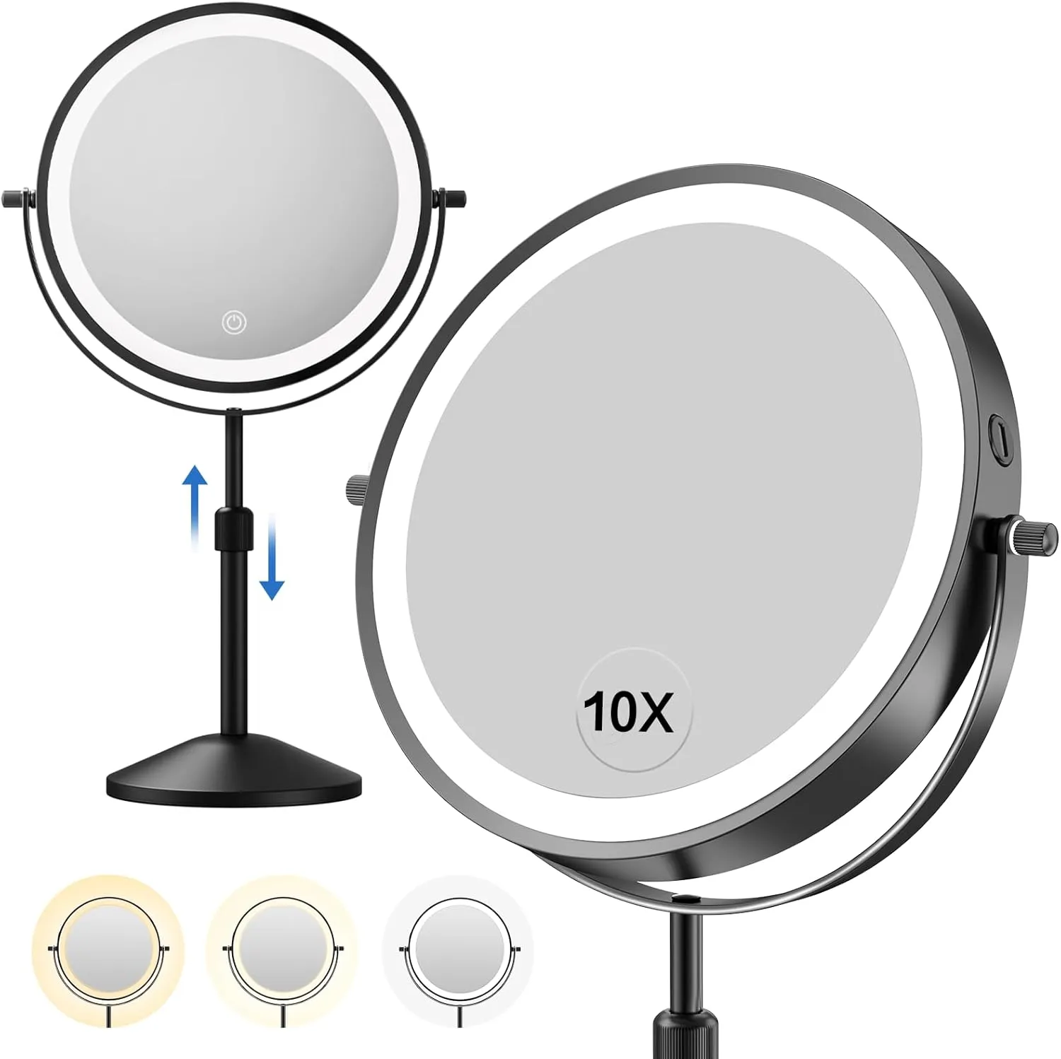 8.7in Professional Lighted Makeup Mirror - Height & Brightness Adjustable, Rechargeable 2-sided 1x/10x Magnifying HD Brighter Light Mirror- 88 Surgical-grade LEDs, 3 Colors Lights, 360° Swivel (Black)