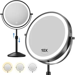 8.7in Professional Lighted Makeup Mirror - Height & Brightness Adjustable, Rechargeable 2-sided 1x/10x Magnifying HD Brighter Light Mirror- 88 Surgical-grade LEDs, 3 Colors Lights, 360° Swivel (Black)