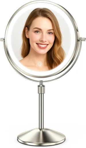 8.7in Professional Lighted Makeup Mirror- Height & Brightness Adjustable, Rechargeable 2-sided 1x/10x Magnifying HD Brighter Light Mirror- 88 Surgical-grade LEDs, 3 Colors Lights, 360° Swivel (Nickel)