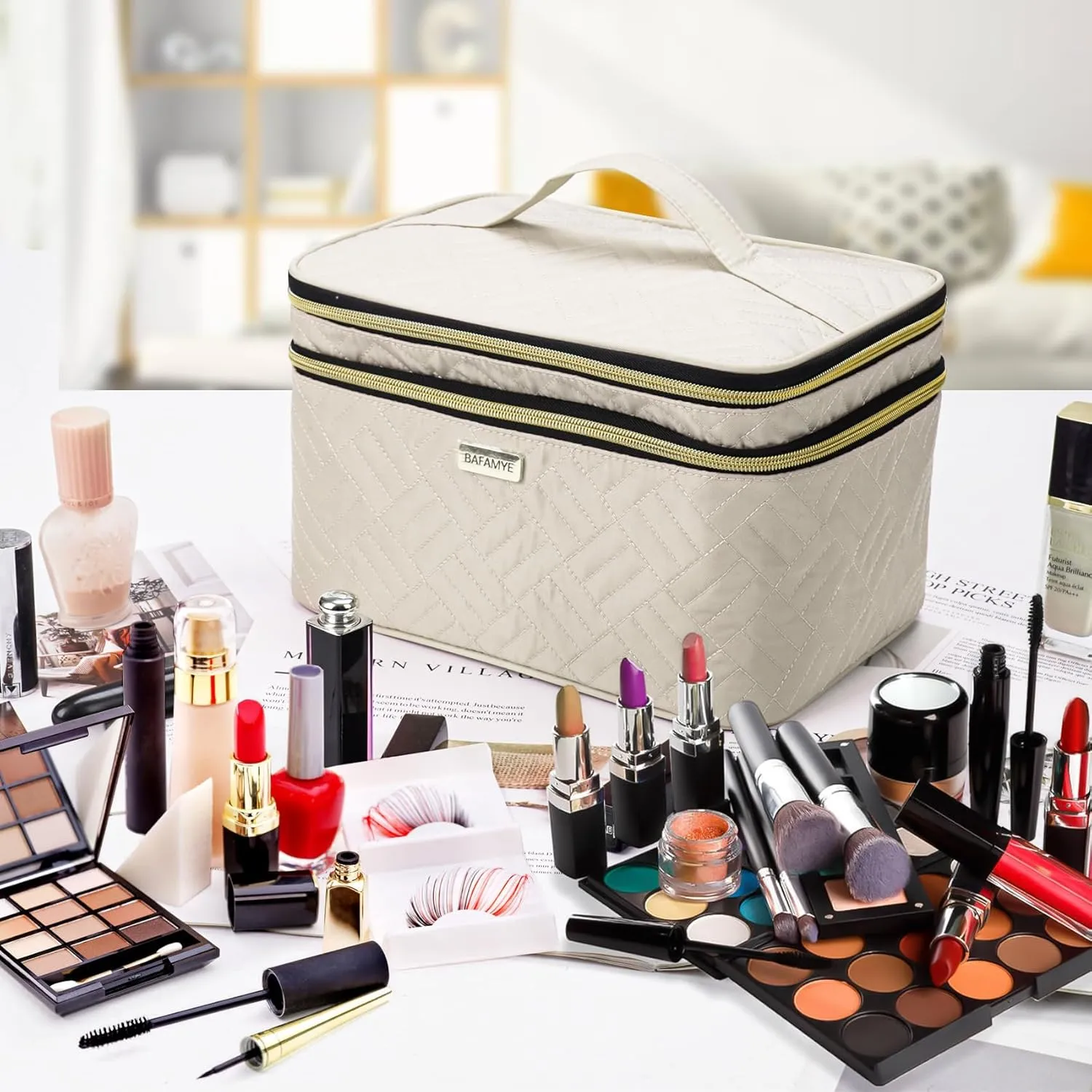 8.8L Double Layer Travel Makeup Bag With Mirror For Women, Large Cosmetic Case, Organizer for Travel-Size Accessories Bottles, Brushes,and Skin Care Products, 2.33 GAL, Beige