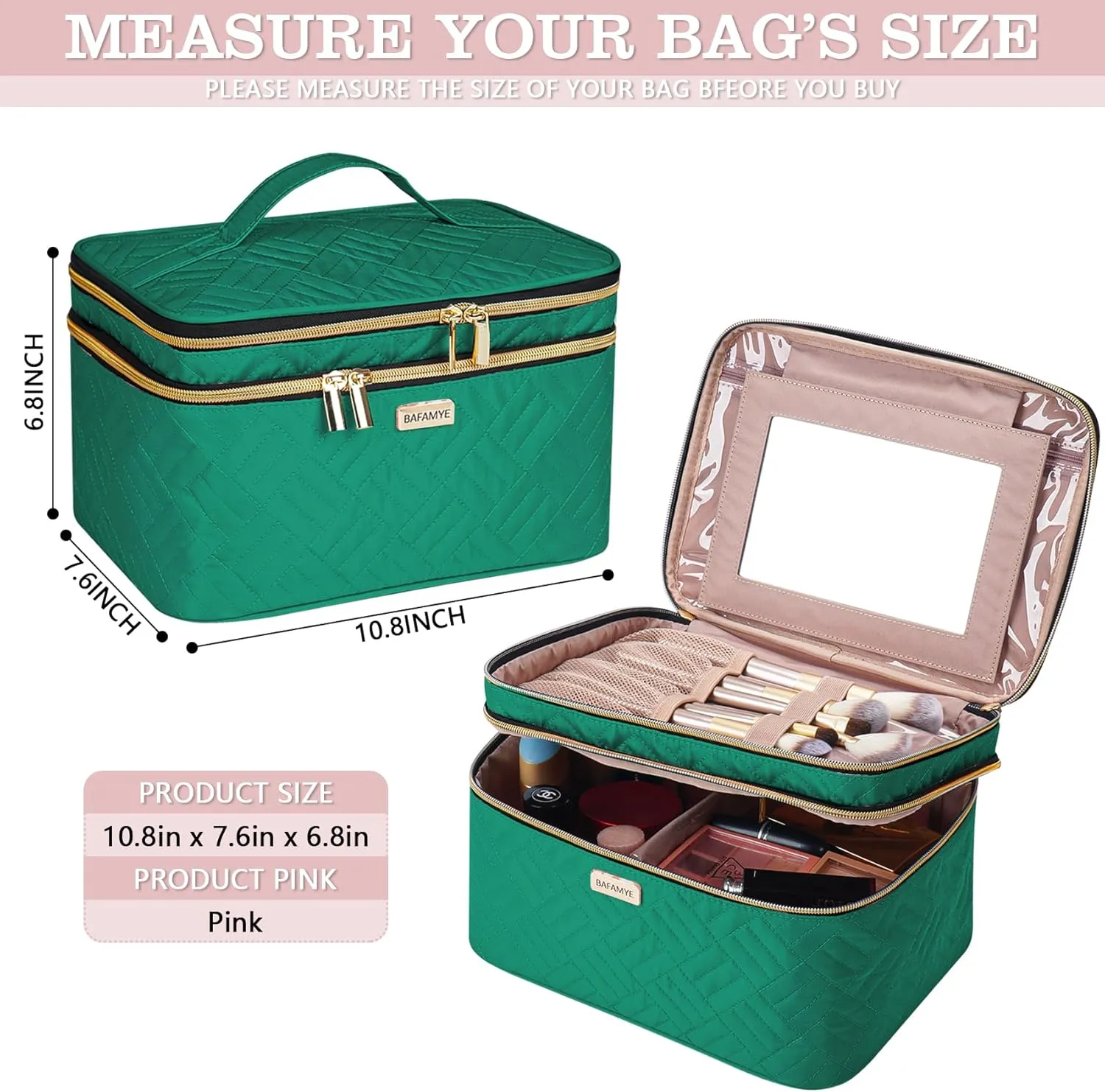 8.8L Double Layer Travel Makeup Bag With Mirror For Women, Large Cosmetic Case, Organizer for Travel-Size Accessories Bottles, Brushes,and Skin Care Products, 2.33 GAL, Green…