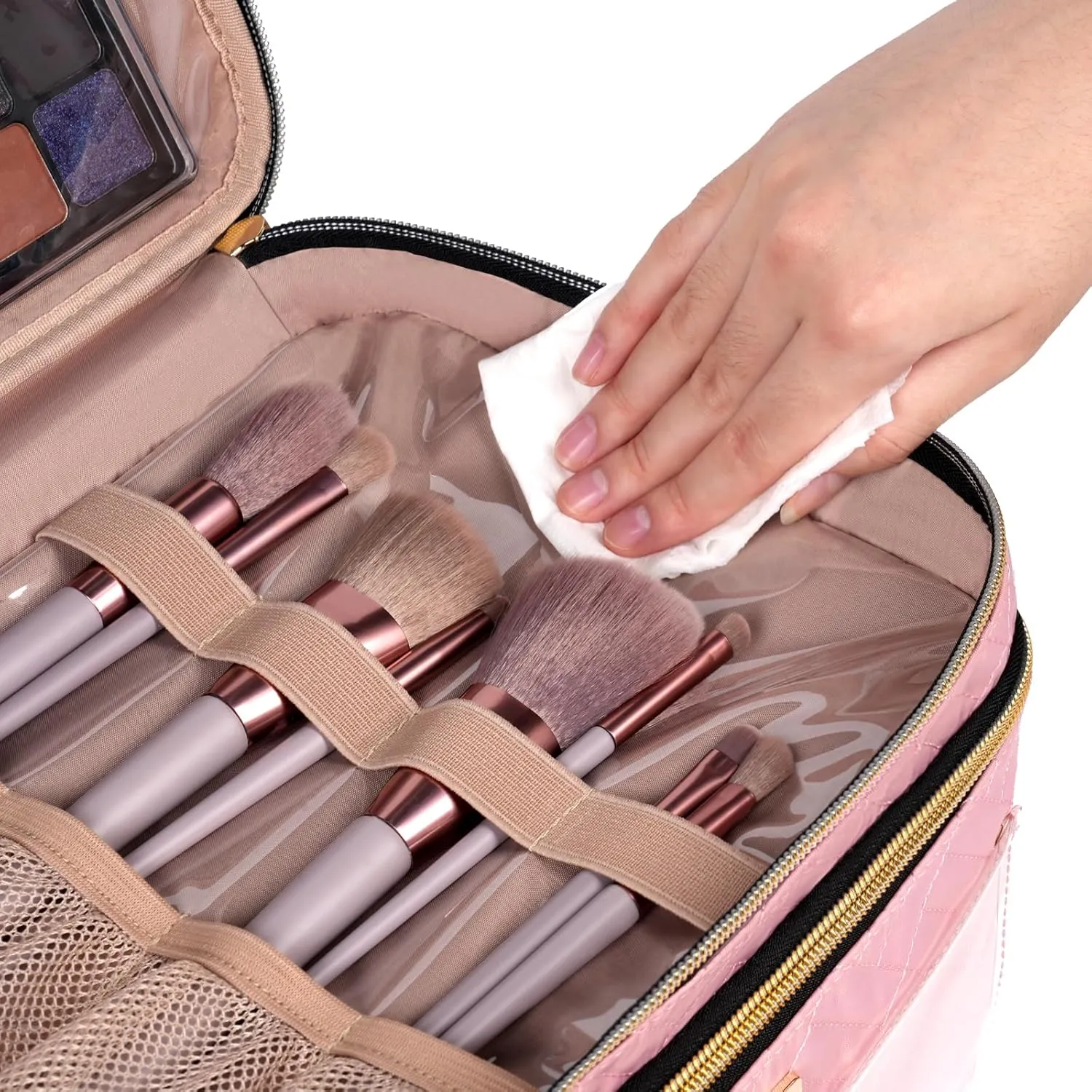 8.8L Double Layer Travel Makeup Bag Women, Large Cosmetic Case, Organizer for Travel-Size Accessories Bottles, Brushes, and Skin Care Products, Pink 2.33 GAL