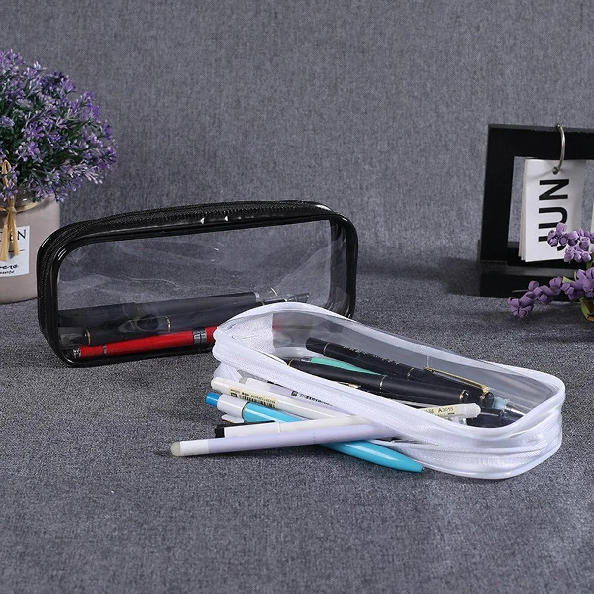 8PCS Waterproof Transparent Zipper Pencil Case Cosmetic Stationery Organizer Bag