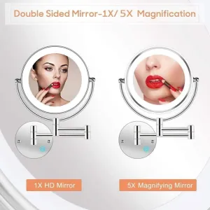 8" Wall Mounted Makeup Mirror 1X/5X Wall Makeup Vanity Mirror Double Sided Touch Button and Adjustable Light Shaving Makeup, USB Recharge(Cromo)