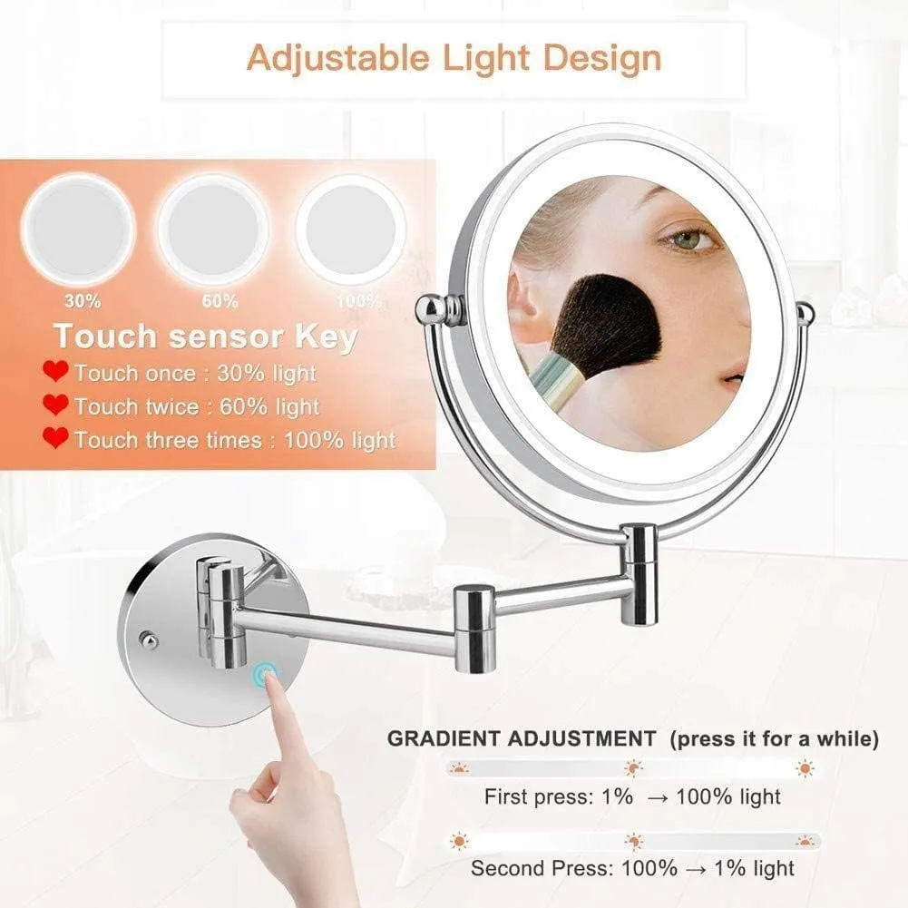 8" Wall Mounted Makeup Mirror 1X/5X Wall Makeup Vanity Mirror Double Sided Touch Button and Adjustable Light Shaving Makeup, USB Recharge(Cromo)