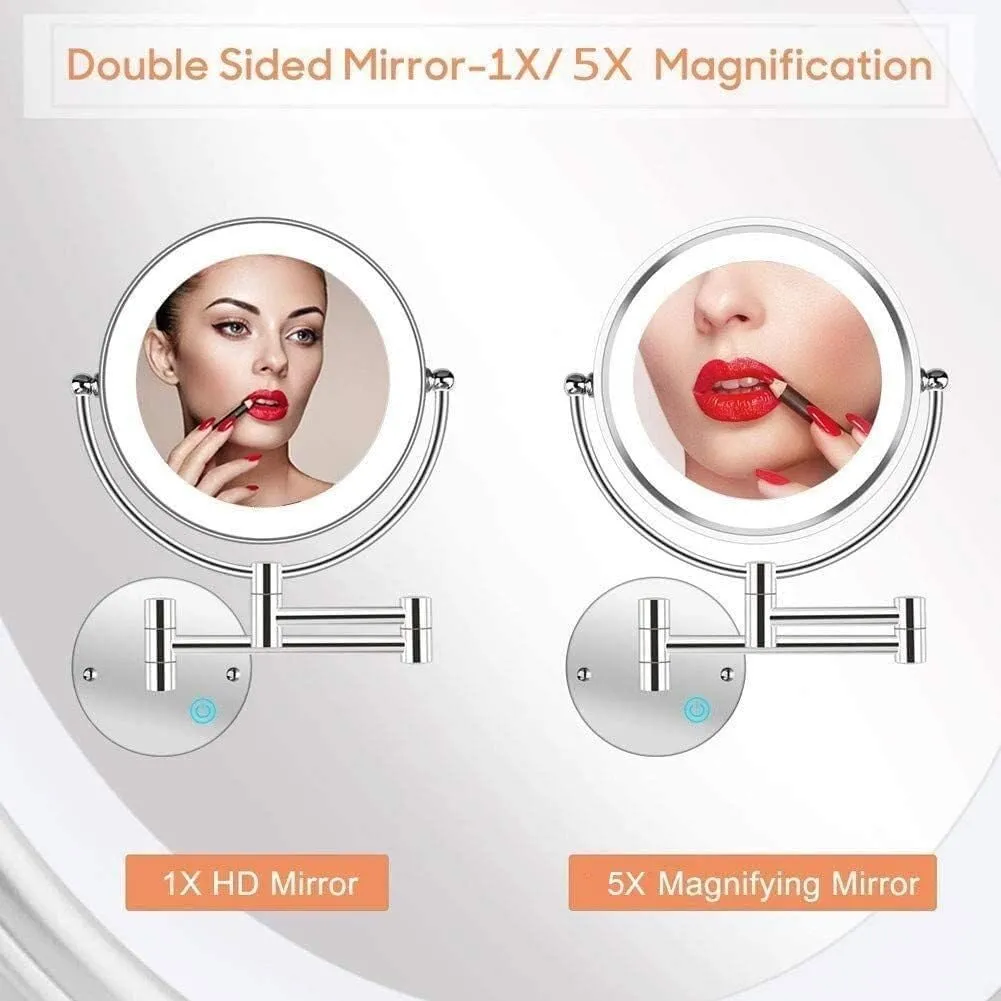 8" Wall Mounted Makeup Mirror 1X/5X Wall Makeup Vanity Mirror Double Sided Touch Button and Adjustable Light Shaving Makeup, USB Recharge(Cromo)