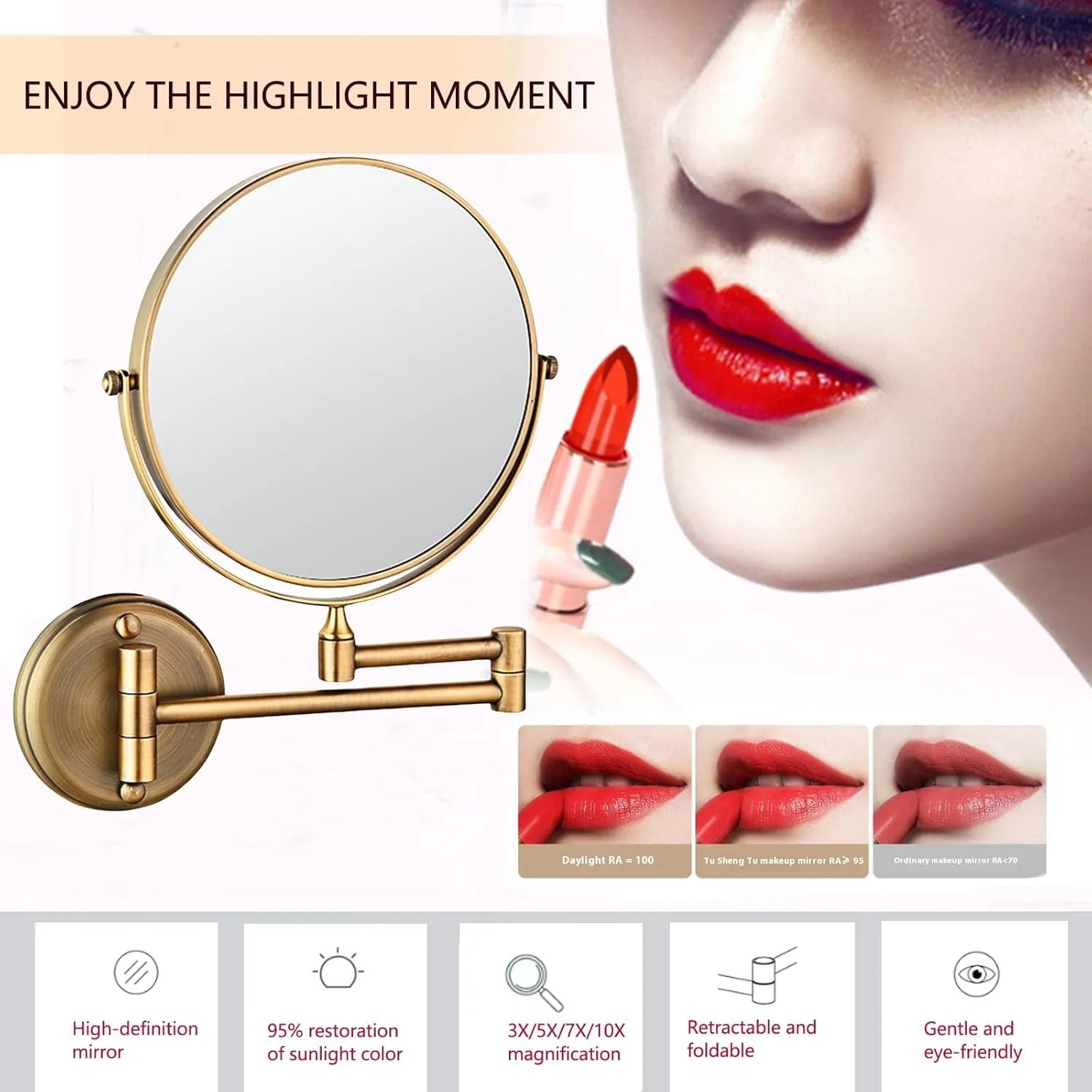 8" Wall Mounted Makeup Mirror Bathroom Mirror 3X/5X/10X Magnification Double-Sided Wall Mounted Vanity Magnifying Mirror Swivel No LightAntique Bronze 3X(Brushed Gold,5X)