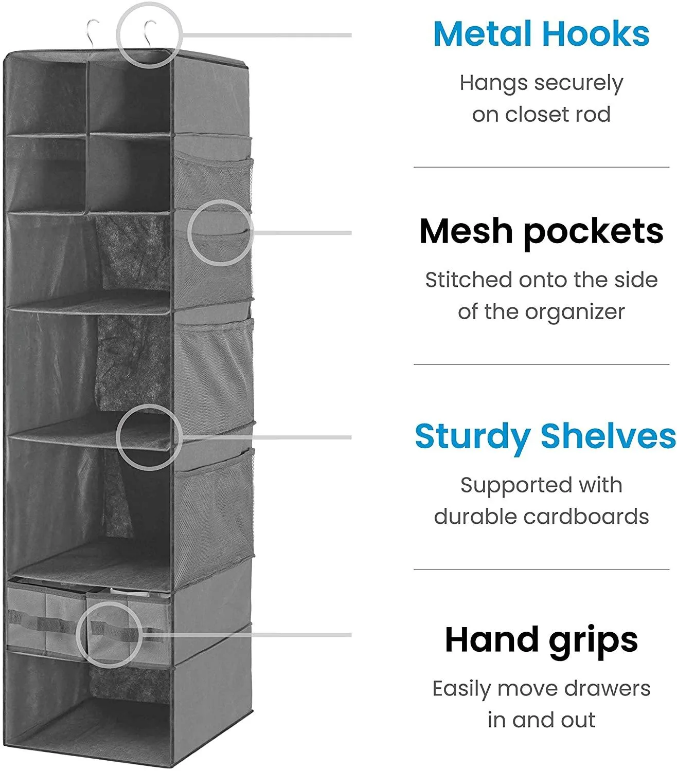 9 Shelf Hanging Closet Organizer with 5 Drawer Organizers (Grey , 9 Shelf-1) - DOUBLE R BAGS