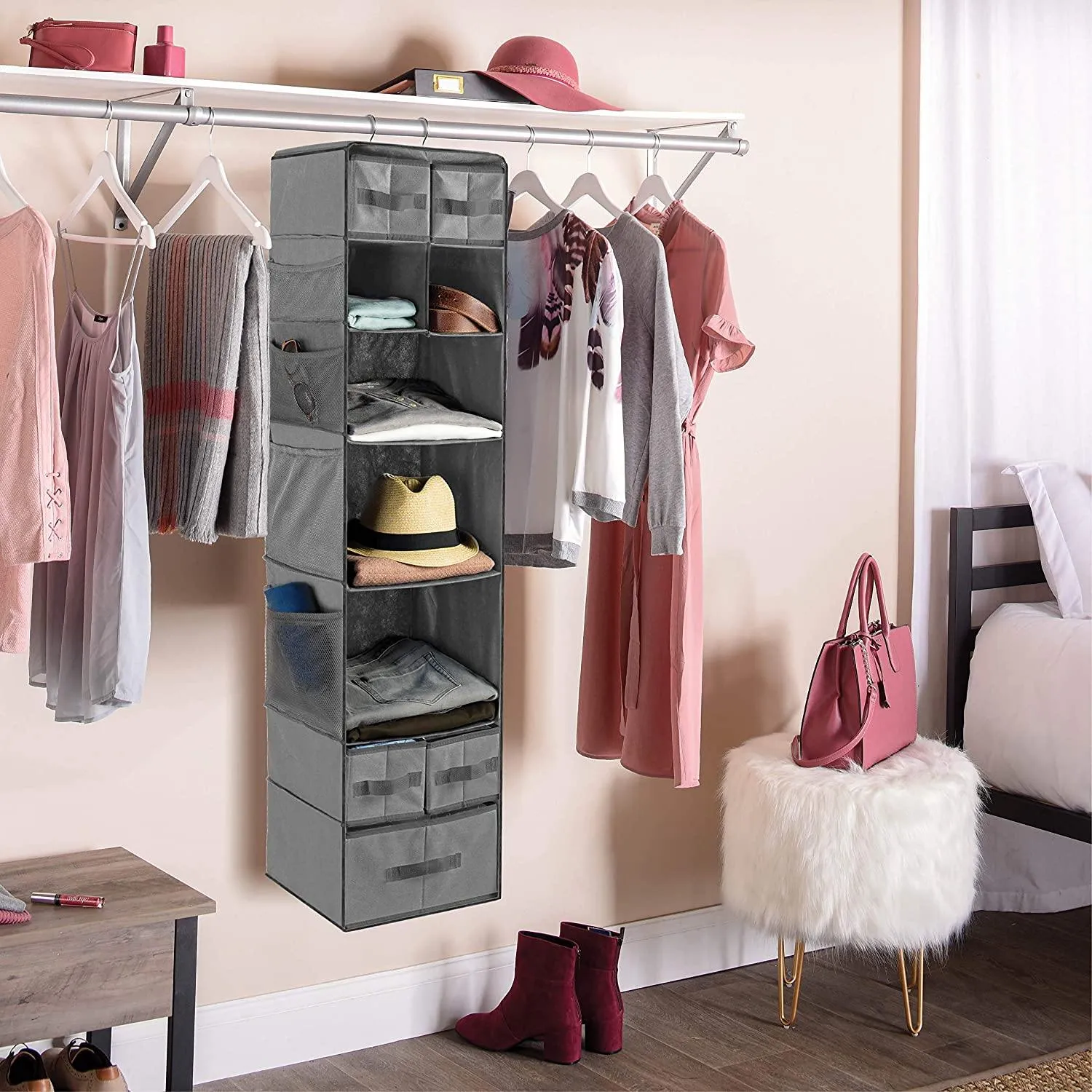 9 Shelf Hanging Closet Organizer with 5 Drawer Organizers (Grey , 9 Shelf-1) - DOUBLE R BAGS